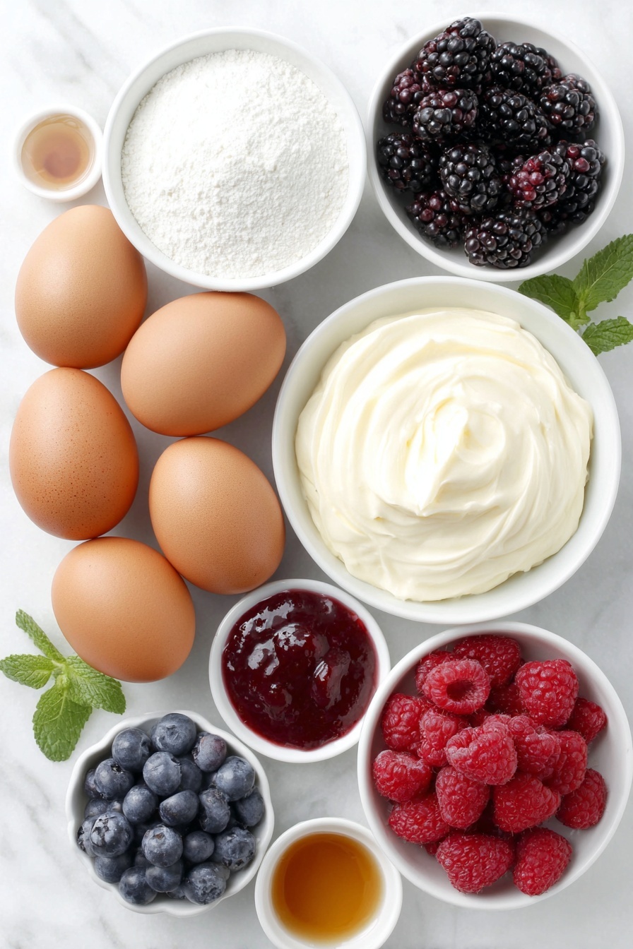 Flat lay of six whole uncracked medium brown eggs with clean shells, a small white ceramic bowl of fine white caster sugar, a small white bowl of clear white wine vinegar, a small white bowl of pale cream cornflour, a small white bowl with light amber vanilla extract, a larger white ceramic bowl filled with thick double cream, another small white bowl containing powdered icing sugar, fresh blackberries, scattered pomegranate seeds, fresh raspberries, a handful of blueberries, vibrant freeze-dried raspberries, a small white bowl of deep red raspberry coulis, and a few fresh bright green mint leaves, all arranged symmetrically on a clean white marble surface, soft natural light, photo taken with an iPhone, professional food photography style, fresh ingredients, white ceramic bowls, no bottles, no duplicates, no utensils, no packaging --ar 2:3 --v 7 --p m7354615311229779997 - Festive Christmas Pavlova Wreath, Christmas Pavlova, Holiday Pavlova Dessert, Christmas Meringue Wreath, Festive Holiday Dessert