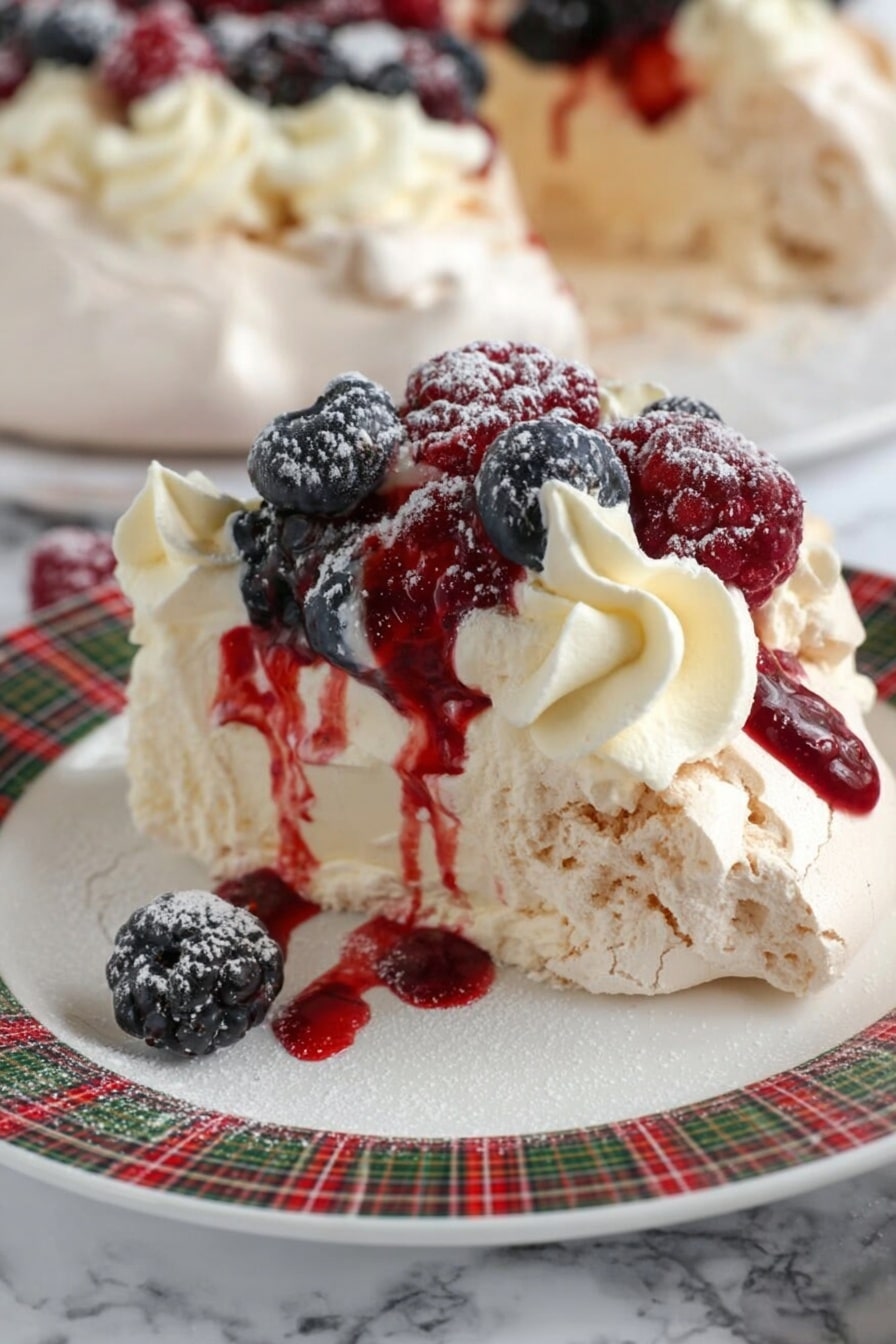 This image shows a slice of pavlova on a white plate with red, green, and black plaid patterns. The base layer is a thick, light beige meringue with a rough, slightly cracked texture. On top, there is a thick layer of creamy white whipped cream piped in swirls. The whipped cream is topped with mixed berries, including blueberries, raspberries, and blackberries, which are deep blue, red, and dark purple. A red berry sauce is drizzled over the top, partially running down the sides, and the berries are lightly dusted with powdered sugar. The background has a white marbled texture with a blurred larger pavlova in the distance, also topped with whipped cream, berries, and red sauce. photo taken with an iphone --ar 2:3 --v 7 - Festive Christmas Pavlova Wreath, Christmas Pavlova, Holiday Pavlova Dessert, Christmas Meringue Wreath, Festive Holiday Dessert