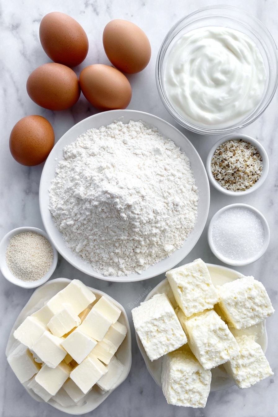 Flat lay of a small mound of all-purpose flour on a simple white ceramic plate, a rustic heap of plain Greek yogurt in a small white ceramic bowl, a small white bowl containing fine white baking powder, a tiny white bowl with fine salt crystals, eight smooth whole brown eggs with clean shells arranged symmetrically, eight small cubes of fresh cream cheese placed neatly on a simple white ceramic dish, a small white ceramic bowl filled with whisked egg white liquid, and a small white bowl holding coarse Everything But The Bagel seasoning with visible sesame seeds and dried onion flakes, all placed on a clean white marble surface, soft natural light, photo taken with an iPhone, professional food photography style, fresh ingredients, white ceramic bowls, no bottles, no duplicates, no utensils, no packaging --ar 2:3 --v 7 --p m7354615311229779997 - Stuffed Bagel Bites with Cream Cheese, bagel bite recipes, quick cheese snack, no yeast bagel bites, easy appetizer ideas