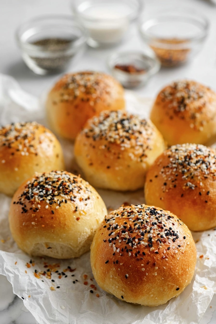 The image shows nine round golden brown rolls topped with a mix of black and white sesame seeds, salt crystals, and small brown bits that look like toasted seasonings. The rolls have a smooth shiny crust with a soft texture inside. They are placed on a crinkled white paper on a white marbled surface. Clear glass bowls filled with similar seeds and seasonings can be seen blurred in the background, adding depth to the image. The light softly highlights the shiny tops and textured toppings of the rolls. Photo taken with an iphone --ar 2:3 --v 7 - Stuffed Bagel Bites with Cream Cheese, bagel bite recipes, quick cheese snack, no yeast bagel bites, easy appetizer ideas