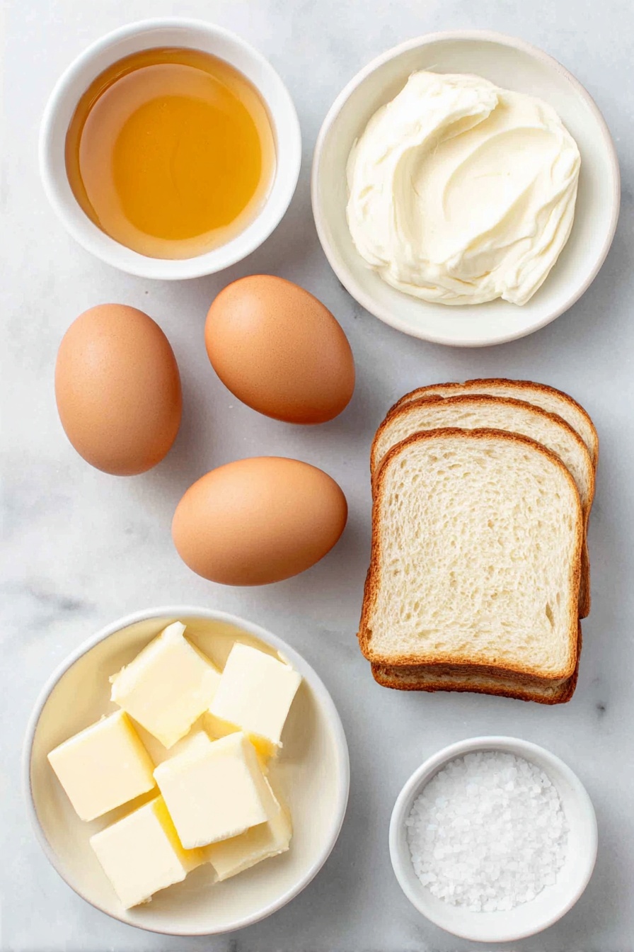 Flat lay of two brown whole eggs with clean shells, a small white ceramic bowl of golden honey, a small white ceramic bowl of creamy half and half, a few rectangular slices of fresh brioche bread, a small white ceramic bowl holding several pats of solid butter, and a tiny white ceramic bowl with fine salt crystals, arranged symmetrically with realistic proportions, placed on a clean white marble surface, soft natural light, photo taken with an iPhone, professional food photography style, fresh ingredients, white ceramic bowls, no bottles, no duplicates, no utensils, no packaging --ar 2:3 --v 7 --p m7354615311229779997 - Crispy French Toast with Honey, French Toast recipes, Breakfast ideas, Easy French toast, Honey French toast