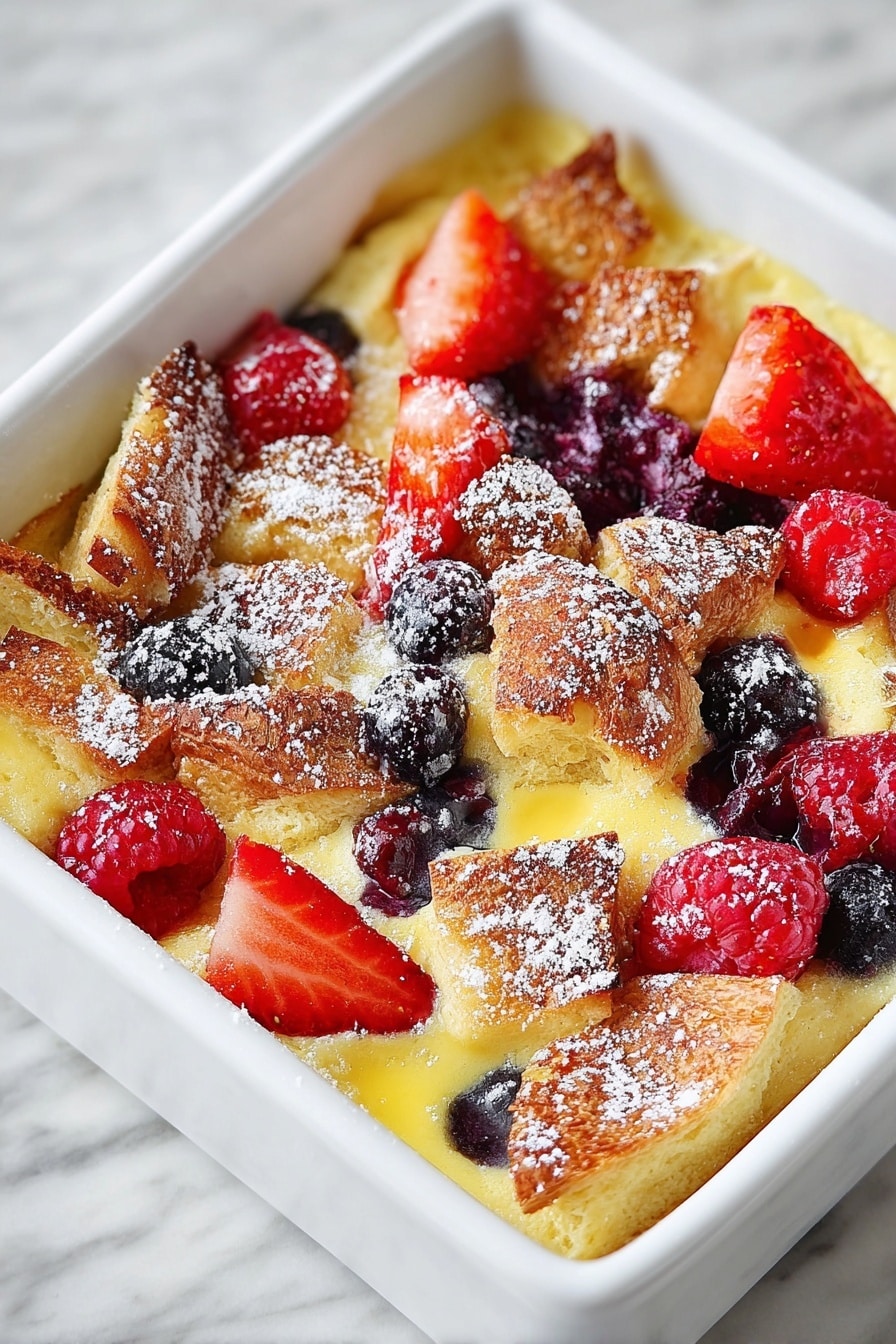A close-up of a square white dish filled with a layered baked dessert. The base has a yellow custard-like texture with pieces of golden-brown, flaky pastry unevenly spread on top. Scattered among the pastry pieces are fresh red strawberries, red raspberries, and dark purple blueberries. The dessert is lightly dusted with white powdered sugar, adding a delicate touch. The dish sits on a white marbled surface. photo taken with an iphone --ar 2:3 --v 7 - Berry Croissant Bake, easy breakfast casserole, brunch recipes, berry breakfast casserole, delicious fruit baked dish