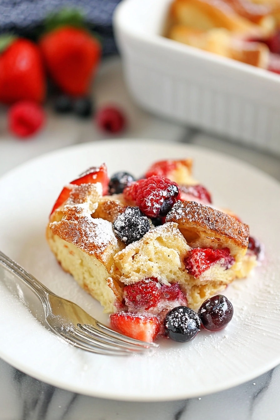 A white plate holds a serving of a golden-brown baked dessert made of torn, fluffy bread pieces, layered with soft textures. Mixed in are fresh red strawberries, deep red raspberries, and dark blue blueberries scattered across and within the dish. The top is lightly dusted with white powdered sugar. A silver fork rests on the left side of the plate, and the surface beneath is a white marbled texture. In the blurred background, more berries and a white baking dish with the dessert are visible. photo taken with an iphone --ar 2:3 --v 7 - Berry Croissant Bake, easy breakfast casserole, brunch recipes, berry breakfast casserole, delicious fruit baked dish