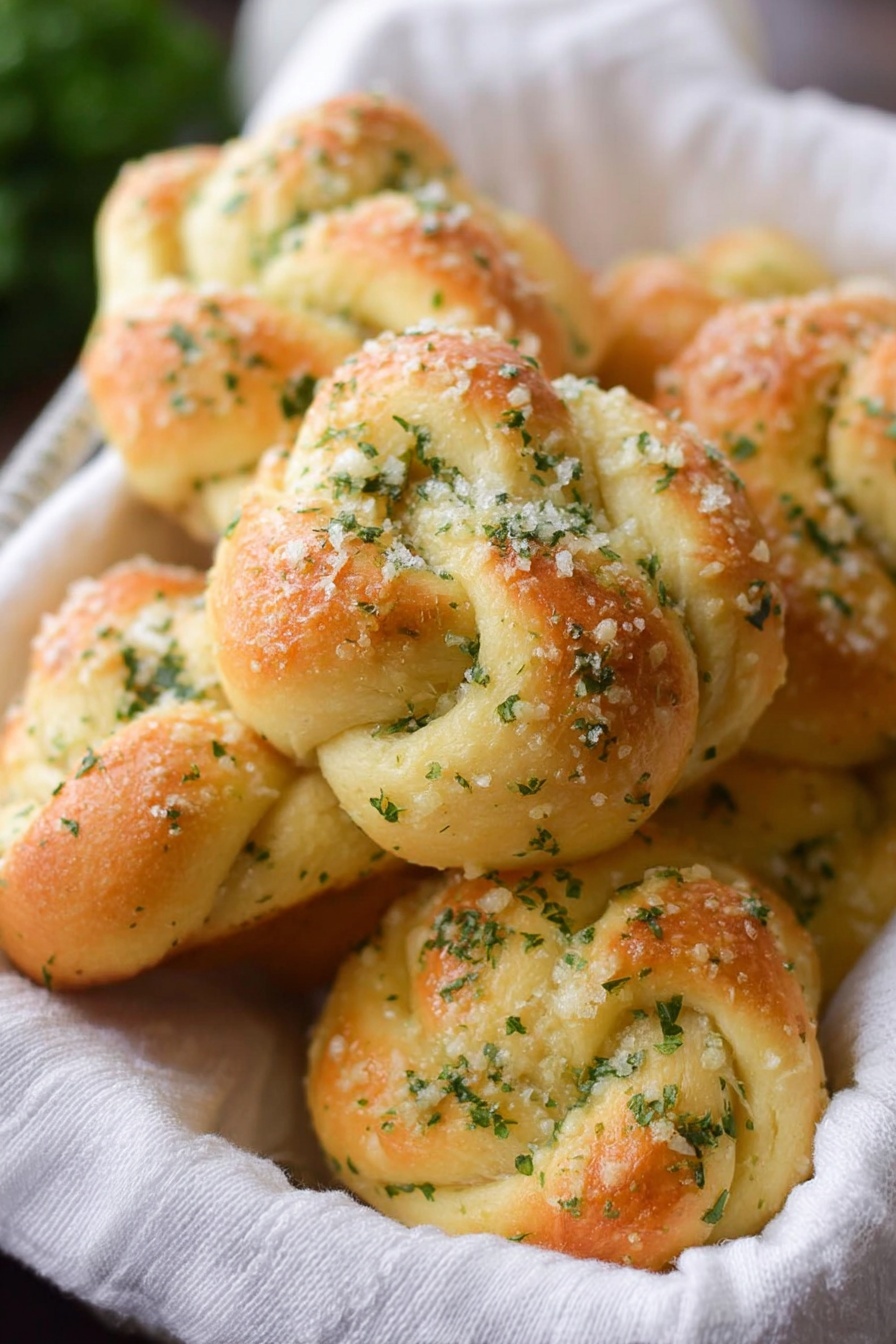 A close-up view of several golden brown garlic knots resting in a white cloth-lined basket. Each knot is soft and puffy, showing a twisted shape with a light sprinkling of green herbs and grated cheese on top. The knots have a slightly shiny surface from a garlic butter coating, and they are tightly packed with some overlapping. The background is blurred, focusing on the texture and color of the knots. Photo taken with an iphone --ar 2:3 --v 7 - Garlic Knots, Homemade Garlic Knots, Easy Garlic Knots Recipe, Chewy Garlic Bread, Pull-apart Garlic Knots