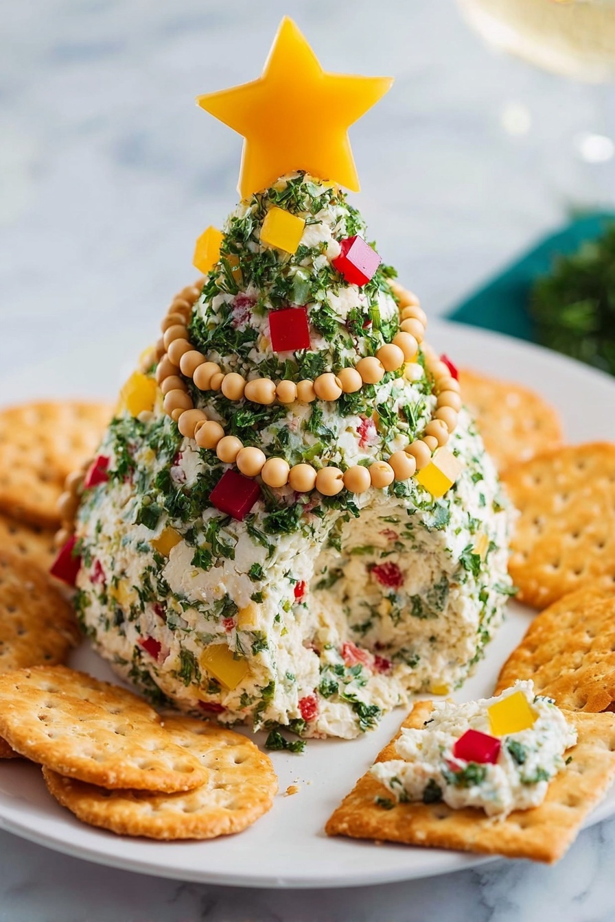 A cone-shaped cheese ball decorated like a Christmas tree sits on a white plate surrounded by round and triangle crackers. The cheese ball is covered with chopped green herbs all over, with small red and yellow square pieces scattered on the surface like ornaments. Two garlands of small beige beads wrap around the cheese ball in rings, and a bright yellow star-shaped piece tops it. A section of the cheese ball is missing, showing the creamy interior mixed with herbs and pieces of red and yellow vegetables. A cracker with some cheese ball and garnishes on top rests in the foreground. The background is a white marbled surface. photo taken with an iphone --ar 2:3 --v 7 - Festive Christmas Tree Cheese Ball, Christmas appetizer, holiday cheese ball, Christmas party finger food, Christmas cheese ball decoration