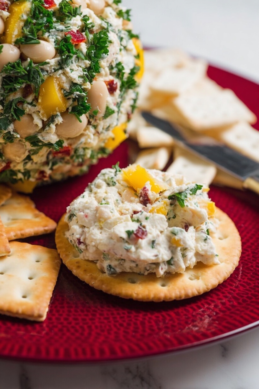 A white round cracker with a dollop of creamy white cheese spread mixed with green herbs, small white beans, and small red and yellow pepper pieces sits in the bottom middle on a deep red plate with a subtle texture. Behind it, part of a cheese ball covered in chopped green herbs, white beans, and bits of red and yellow peppers leans to the left. To the right, there is a soft knife with some cheese spread on it, resting near a pile of white square crackers. The plate is placed on a white marbled surface. photo taken with an iphone --ar 2:3 --v 7 - Festive Christmas Tree Cheese Ball, Christmas appetizer, holiday cheese ball, Christmas party finger food, Christmas cheese ball decoration