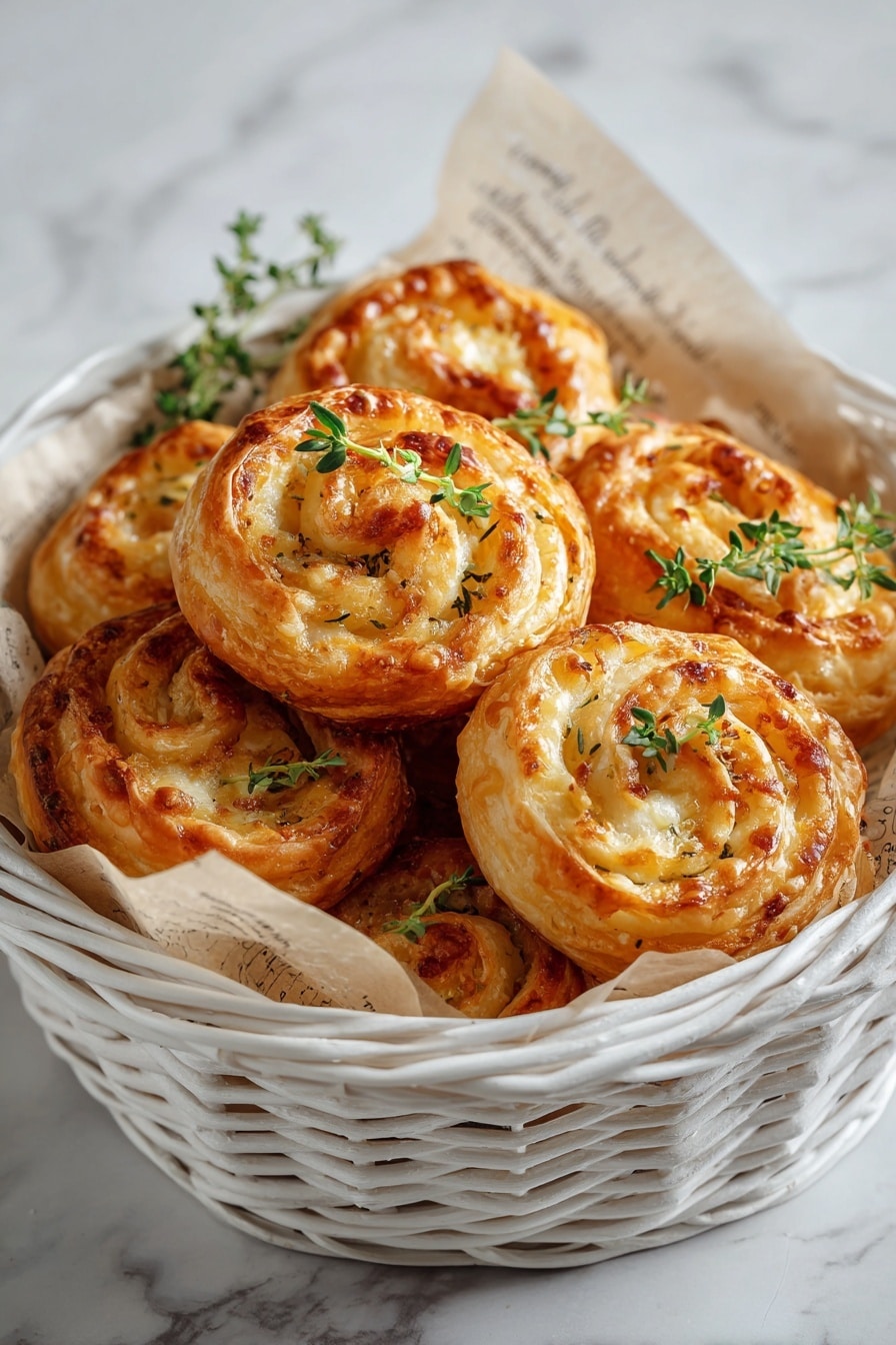 The image shows a white woven basket filled with golden brown puff pastry rolls. Each roll is shaped like a spiral with visible layers of flaky, crisp dough and a light filling inside that looks creamy. Small green herb leaves, likely thyme, are sprinkled on top of the rolls, adding a fresh touch. The basket is lined with beige paper that has faint printed text. The background is a white marbled texture. photo taken with an iphone --ar 2:3 --v 7 - Garlic Puff Pastry Pinwheels, garlic pastry appetizer, cheesy puff pastry bites, easy garlic pinwheels, flaky savory snacks