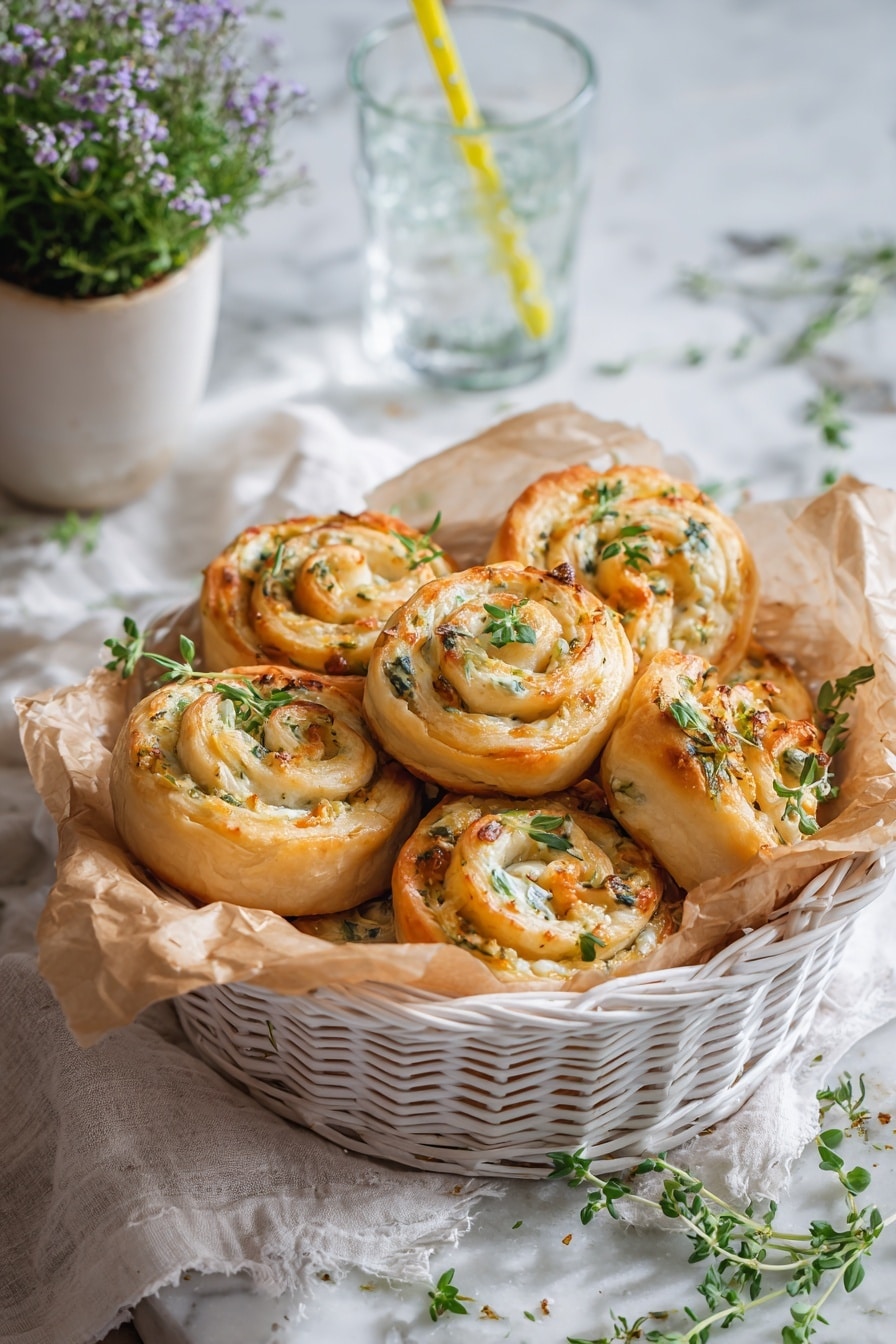A white woven basket lined with brown parchment paper holds about eight golden-brown pastry swirls, each with visible layers of light flaky dough and a soft creamy filling, topped with small green herb sprigs for garnish. The basket sits on a white cloth over a white marbled surface, with some fresh green herbs scattered around. In the blurred background, there is a plant with tiny purple flowers and a clear glass of water with a yellow straw. photo taken with an iphone --ar 2:3 --v 7 - Garlic Puff Pastry Pinwheels, garlic pastry appetizer, cheesy puff pastry bites, easy garlic pinwheels, flaky savory snacks