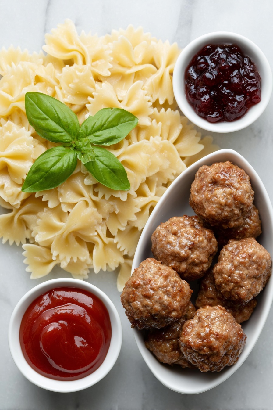 Flat lay of cooked al dente bowtie pasta arranged neatly, fresh bright green basil leaves scattered evenly, glossy golden extra-virgin olive oil in a small simple white ceramic bowl, shiny rich red ketchup in a small white bowl, deep purple grape jelly in another small white bowl, perfectly round cooked meatballs with a warm brown crust, all placed symmetrically on a clean white marble surface, soft natural light, photo taken with an iPhone, professional food photography style, fresh ingredients, white ceramic bowls, no bottles, no duplicates, no utensils, no packaging --ar 2:3 --v 7 --p m7354615311229779997 - Cocktail Meatball and Bowtie Pasta Skewers, party appetizer ideas, easy meatball skewers, finger food for gatherings, fun pasta skewers
