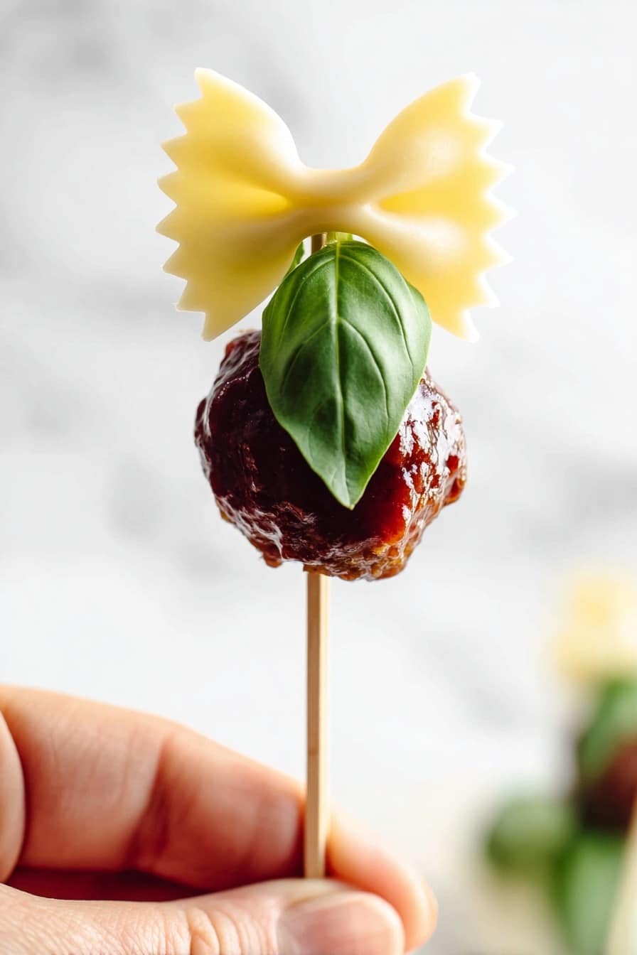 A close-up view of a small food skewer held by a woman's hand, featuring three main layers from bottom to top: a round, shiny dark reddish-brown meatball coated in sauce with a few drips hanging; a fresh green basil leaf with visible veins and a smooth texture; and a single piece of pale yellow farfalle pasta that looks uncooked, shaped like a bowtie with wavy edges on both sides. The background is bright white with soft focus, showing other similar skewers blurred in the distance resting on a white marbled surface. photo taken with an iphone --ar 2:3 --v 7 - Cocktail Meatball and Bowtie Pasta Skewers, party appetizer ideas, easy meatball skewers, finger food for gatherings, fun pasta skewers