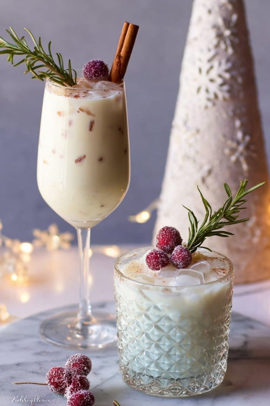 A tall, clear glass bottle filled with a smooth, light cream liquid stands against a soft background. Around the neck of the bottle, a piece of natural twine is tied in a loose bow. Attached to the twine is a small green pine branch with frosted needle-like leaves and several bright red round berries, giving a festive look. The bottle is placed on a white marbled surface, with soft warm lights glowing softly in the blurred background. Photo taken with an iphone --ar 2:3 --v 7 - Venezuelan Ponche Crema Eggnog, Venezuelan Eggnog, Holiday Eggnog Recipe, Traditional Venezuelan Drink, Festive Creamy Eggnog