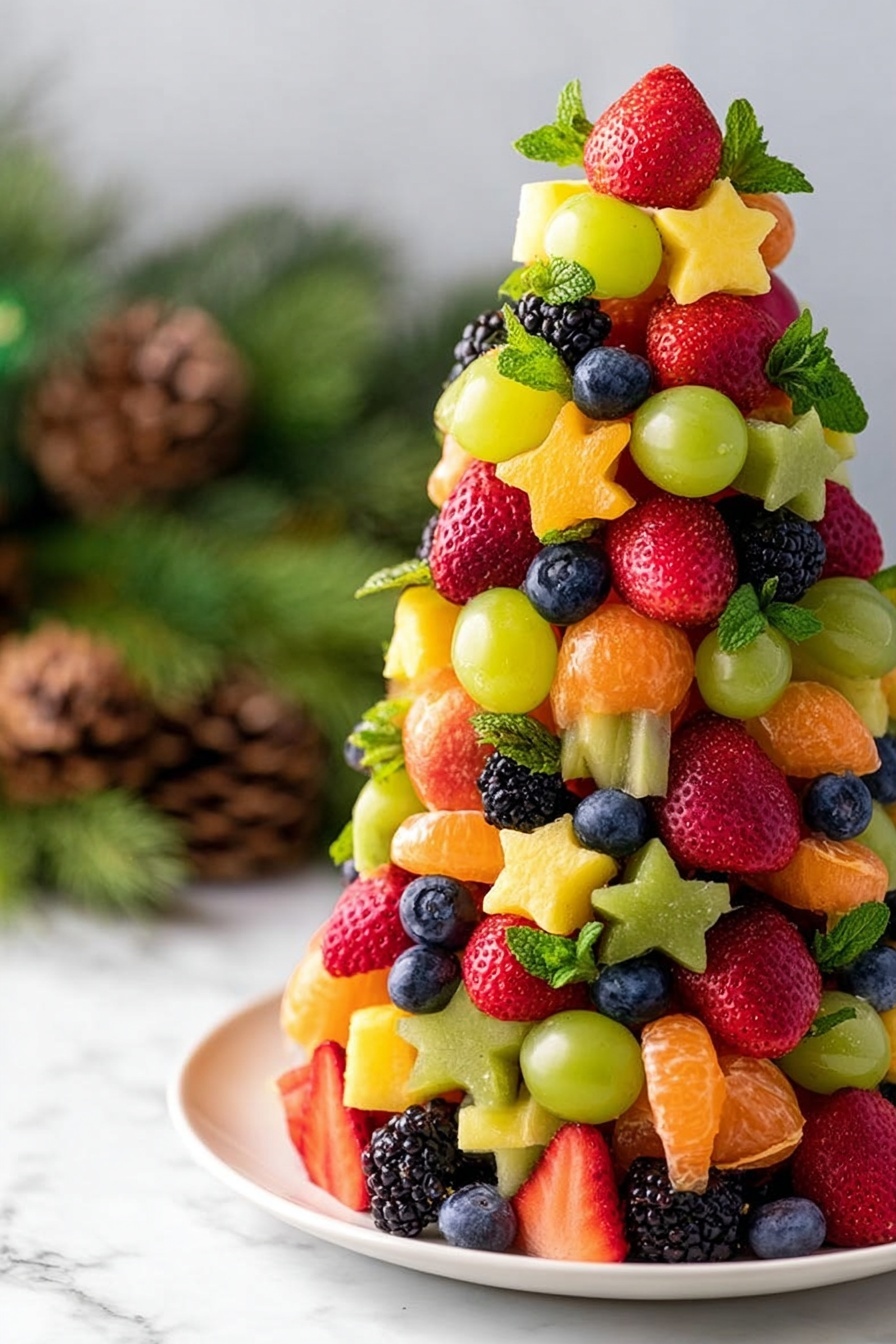 A tall, colorful fruit tower sits on a white plate on a white marbled surface. The tower is made of many small layers of brightly colored fruits, including green grapes, red strawberries, black blackberries, dark blue blueberries, orange mandarin segments, yellow star-shaped pineapple pieces, and green star-shaped kiwi slices. Small green mint leaves are placed between the fruits, adding fresh green touches throughout the tower. The fruits are stacked close together, forming a roughly cone-shaped structure with a mix of smooth, bumpy, juicy, and soft textures. A blurred background with natural greenery and pine cones can be seen behind the tower. photo taken with an iphone --ar 2:3 --v 7 - Festive Fruit Christmas Tree, healthy holiday appetizers, Christmas fruit display, easy holiday snacks, colorful Xmas fruit centerpiece