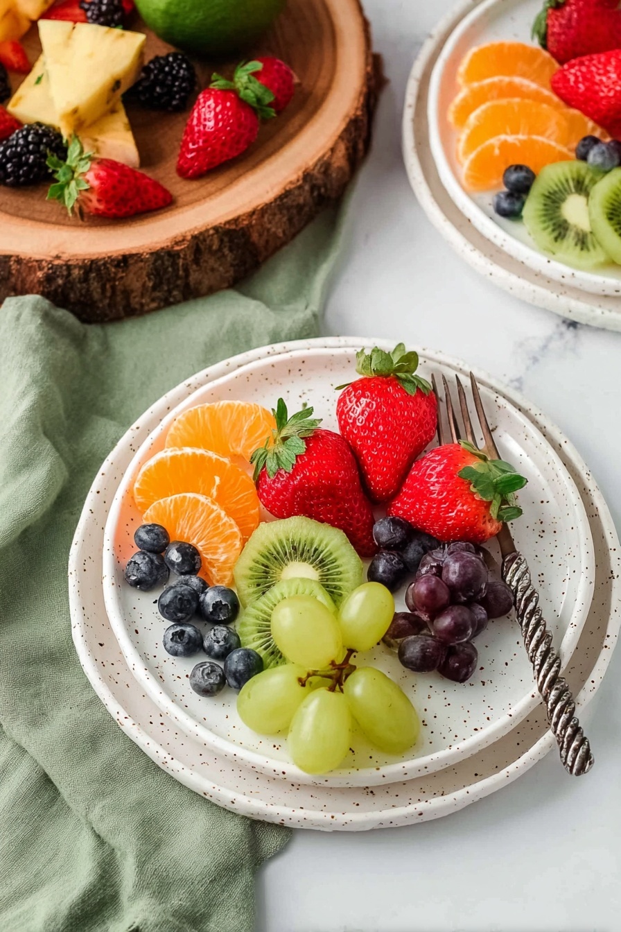 A white speckled plate holds a fresh fruit mix arranged in separate sections: two large red strawberry halves with visible seeds and green leaves on top, a small bunch of light green grapes at the bottom, a cluster of dark blue round blueberries on the left, bright orange peeled mandarin slices above the grapes, and two green slices of kiwi with black seeds at the top near the strawberries. A silver fork with a twisted handle rests on the right edge of the plate. This plate is stacked on top of another identical plate. In the background, there is a second similar plate with fruit and a wooden slab with more colorful fruits like green grapes, pineapple stars, blackberries, strawberries, and kiwi slices placed on a soft green cloth, all set on a white marbled surface. Photo taken with an iphone --ar 2:3 --v 7 - Festive Fruit Christmas Tree, healthy holiday appetizers, Christmas fruit display, easy holiday snacks, colorful Xmas fruit centerpiece