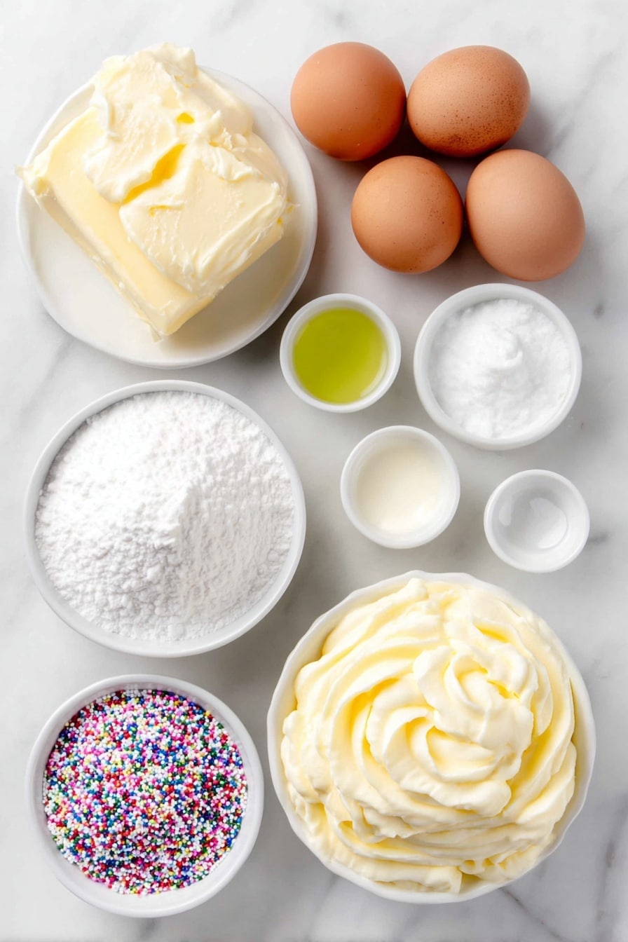 Flat lay of a small mound of soft unsalted butter, a few whole brown eggs with clean shells, a small white ceramic bowl filled with fine white powdered sugar, another small white bowl holding creamy heavy cream, a small white bowl containing clear vanilla extract, a white bowl with a pinch of sea salt, a tiny white bowl with vibrant green liquid food coloring, and a scattering of colorful holiday sprinkles arranged neatly beside the bowls, all placed on a clean white marble surface, soft natural light, photo taken with an iPhone, professional food photography style, fresh ingredients, white ceramic bowls, no bottles, no duplicates, no utensils, no packaging --ar 2:3 --v 7 --p m7354615311229779997 - Holiday Green Frosted Brownie Bites, festive brownie treats, Christmas brownie bites, green frosting brownie ideas, holiday party dessert recipes