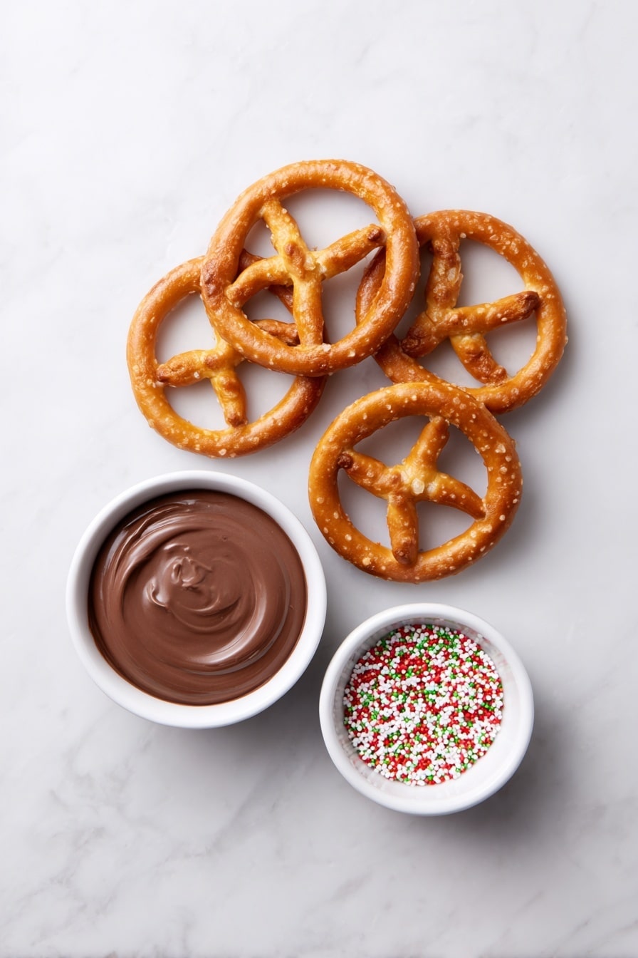 Flat lay of fresh golden-brown pretzel rings arranged neatly, a small white ceramic bowl filled with smooth, glossy melting chocolate, and a small white ceramic bowl containing colorful round sprinkles in red, green, white, and yellow, all placed on a clean white marble surface, soft natural light, photo taken with an iPhone, professional food photography style, fresh ingredients, white ceramic bowls, no bottles, no duplicates, no utensils, no packaging --ar 2:3 --v 7 --p m7354615311229779997 - Easy Christmas Pretzel Snacks, Christmas Pretzel Snacks, Holiday Pretzel Treats, Festive Snack Ideas, Easy Holiday Party Snacks