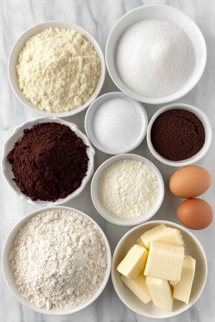 Flat lay of a small white ceramic bowl filled with white granulated sugar, a small white ceramic bowl of all-purpose flour, a small white ceramic bowl of dark brown unsweetened cocoa powder, a small white ceramic bowl of fine white baking soda powder, a small white ceramic bowl of fine white baking powder, a small white ceramic bowl of fine white salt, two whole uncracked brown eggs, a small white ceramic bowl of fresh whole milk, a small white ceramic bowl of golden vegetable oil, a small white ceramic bowl of clear vanilla extract, a small white ceramic bowl of clear water, a small white ceramic bowl of solid white vegetable shortening, a second small white ceramic bowl of clear vanilla extract, a small white ceramic bowl of powdered sugar, and a small white ceramic bowl of white milk—all arranged in perfect symmetry, placed on a clean white marble surface, soft natural light, photo taken with an iPhone, professional food photography style, fresh ingredients, white ceramic bowls, no bottles, no duplicates, no utensils, no packaging --ar 2:3 --v 7 --p m7354615311229779997 - Chocolate Cupcakes with Vanilla Buttercream Frosting, moist chocolate cupcakes, homemade vanilla frosting, easy cupcake recipe, birthday cupcake ideas
