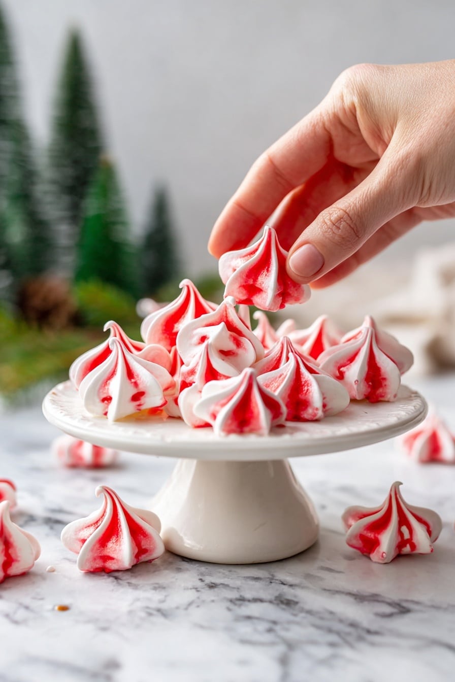 A white cake stand holds many small meringue cookies shaped like little stars with swirls of bright red and white. The cookies have a smooth, slightly shiny texture, and the red and white colors mix in a striped pattern on each one. Some meringues lay scattered on a white marbled surface below. A woman's hand is reaching down and gently picking up one of the meringues, with soft focus pine trees in the blurred background. The light is bright, showing clear details and colors. photo taken with an iphone --ar 2:3 --v 7 - Minty Peppermint Meringues, holiday meringue desserts, peppermint cookies, festive peppermint treats, easy peppermint meringues