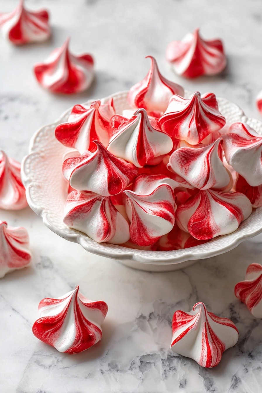 A white scalloped edge bowl is filled with small meringue cookies, each with two colors swirled together: bright red and white. The meringues have sharp peaks and smooth, glossy textures showing the vibrant red mixing with pure white. Some meringues are also placed around the bowl on a white marbled surface. The lighting is bright, highlighting the shiny, crisp details of the cookies. Photo taken with an iphone --ar 2:3 --v 7 - Minty Peppermint Meringues, holiday meringue desserts, peppermint cookies, festive peppermint treats, easy peppermint meringues