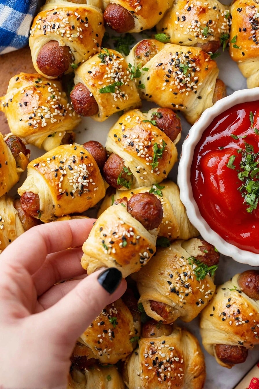 The image shows a close-up of many small baked pastry rolls wrapped around mini sausages. Each roll is golden brown with a slightly crispy texture and sprinkled with white and black sesame seeds and bits of green herbs. The sausages peek out at both ends of each pastry piece. In the bottom left, a woman's hand with black painted nails is picking up one roll. To the right of the rolls is a small white bowl filled with bright red ketchup that is topped with chopped green herbs. The background is a white marbled surface with a glimpse of a blue and white checkered object in the upper left. Photo taken with an iphone --ar 2:3 --v 7 - Pigs in a Blanket Wreath, festive appetizer, holiday party snacks, easy Christmas appetizer, savory finger foods