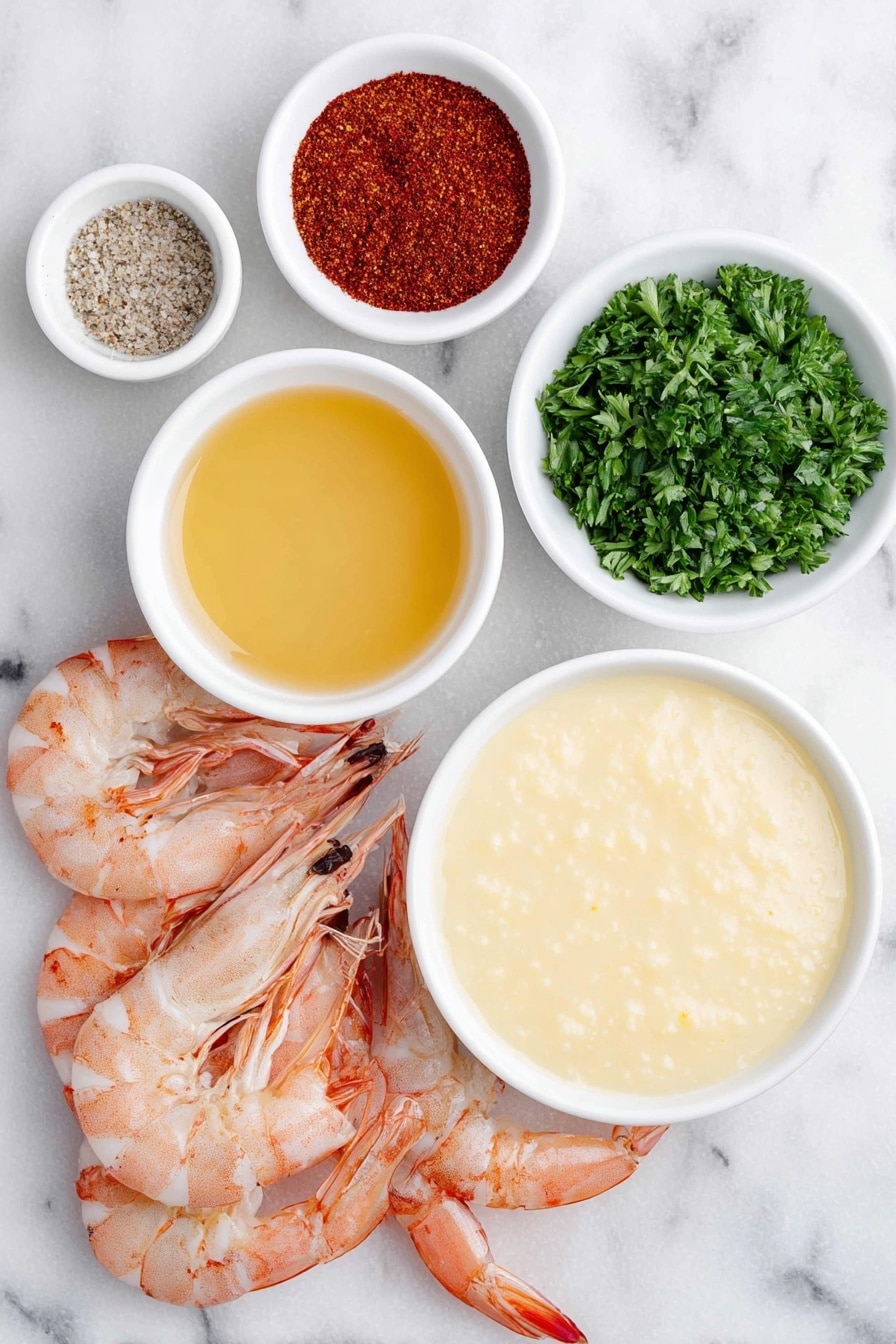 Flat lay of a small mound of creamy cooked grits on a simple white ceramic plate, a few whole medium shrimp with pink shells and slight translucency, a small white bowl of golden melted butter, a small white bowl filled with vibrant green chopped fresh parsley, a small white bowl containing warm reddish-brown Stone House seasoning powder, and another small white bowl with deep red chili powder, all arranged symmetrically and naturally, placed on a clean white marble surface, soft natural light, photo taken with an iPhone, professional food photography style, fresh ingredients, white ceramic bowls, no bottles, no duplicates, no utensils, no packaging --ar 2:3 --v 7 --p m7354615311229779997 - Shrimp and Grits Bites, Shrimp and Grits appetizers, Southern Shrimp Bites, Grits party snacks, easy Shrimp and Grits bites