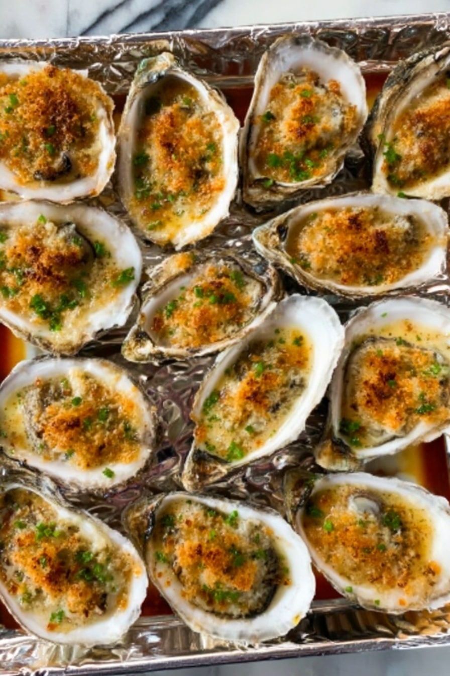 A tray filled with 14 baked oysters in shells, arranged closely together. Each oyster has a golden brown toasted top with a slightly crispy texture and bits of green herbs sprinkled on them. The shells are shiny and greyish with some white edges, and the oysters rest on a foil-lined white tray. The background surface features a white marbled texture. Photo taken with an iphone --ar 2:3 --v 7 - Baked Oysters with Cheesy Creole Seasoning, baked oyster appetizer, cheesy creole oyster recipe, spicy cheesy oyster dish, easy oyster appetizer
