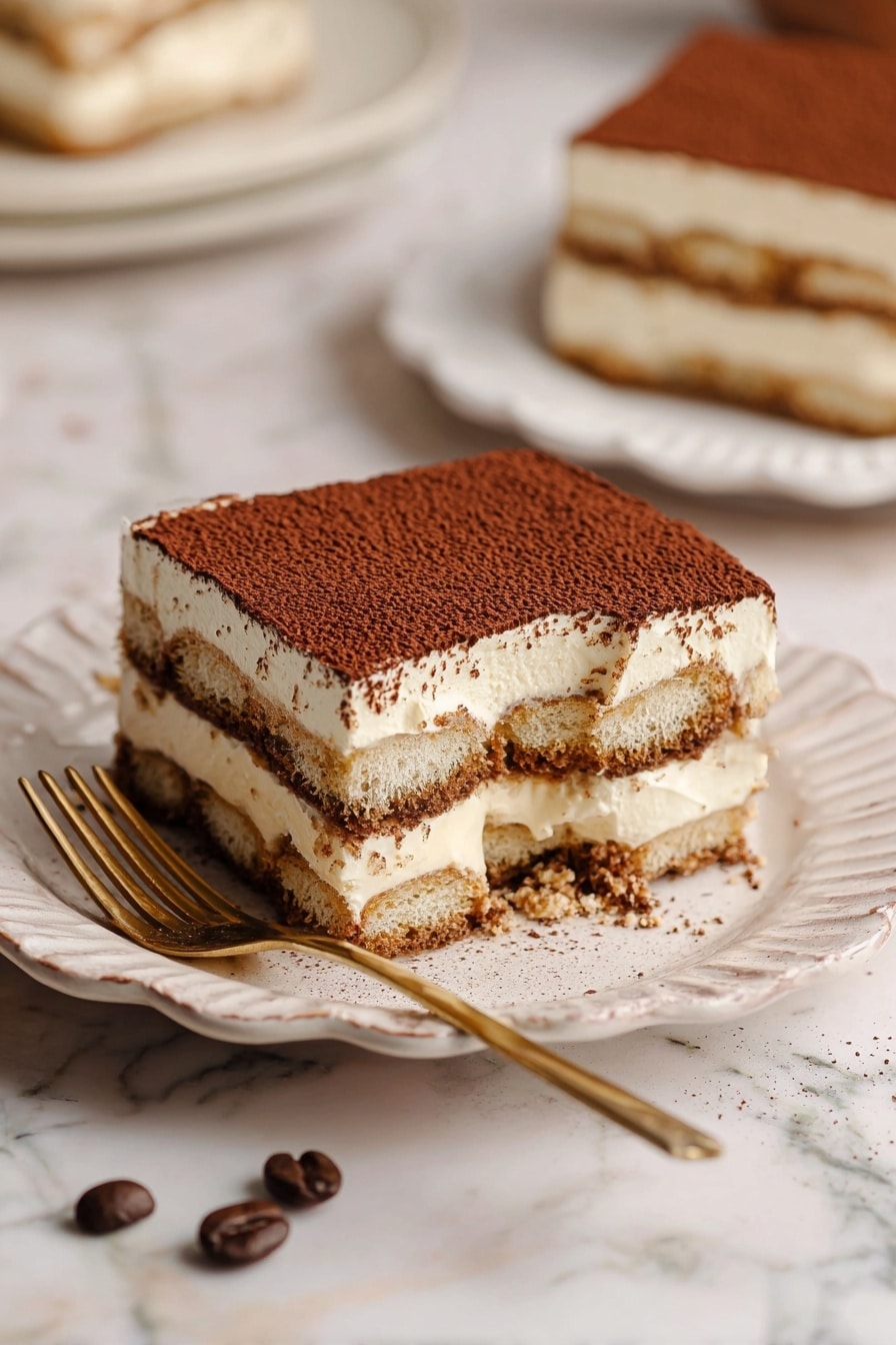 A square piece of layered tiramisu sits on a white plate with a wavy edge. The dessert shows four distinct layers: two light brown soaked biscuit layers alternating with two thick cream layers in off-white, topped with a dusting of dark brown cocoa powder. There is a small bite taken from one corner, showing the creamy texture inside. A gold fork rests on the plate to the left side, and two coffee beans are placed in the foreground on a white marbled surface. In the background, a blurred second piece of tiramisu on a white plate can be seen. Photo taken with an iphone --ar 2:3 --v 7 - Classic Italian Tiramisu, Italian Tiramisu, homemade Tiramisu, authentic Tiramisu recipe, easy Tiramisu dessert