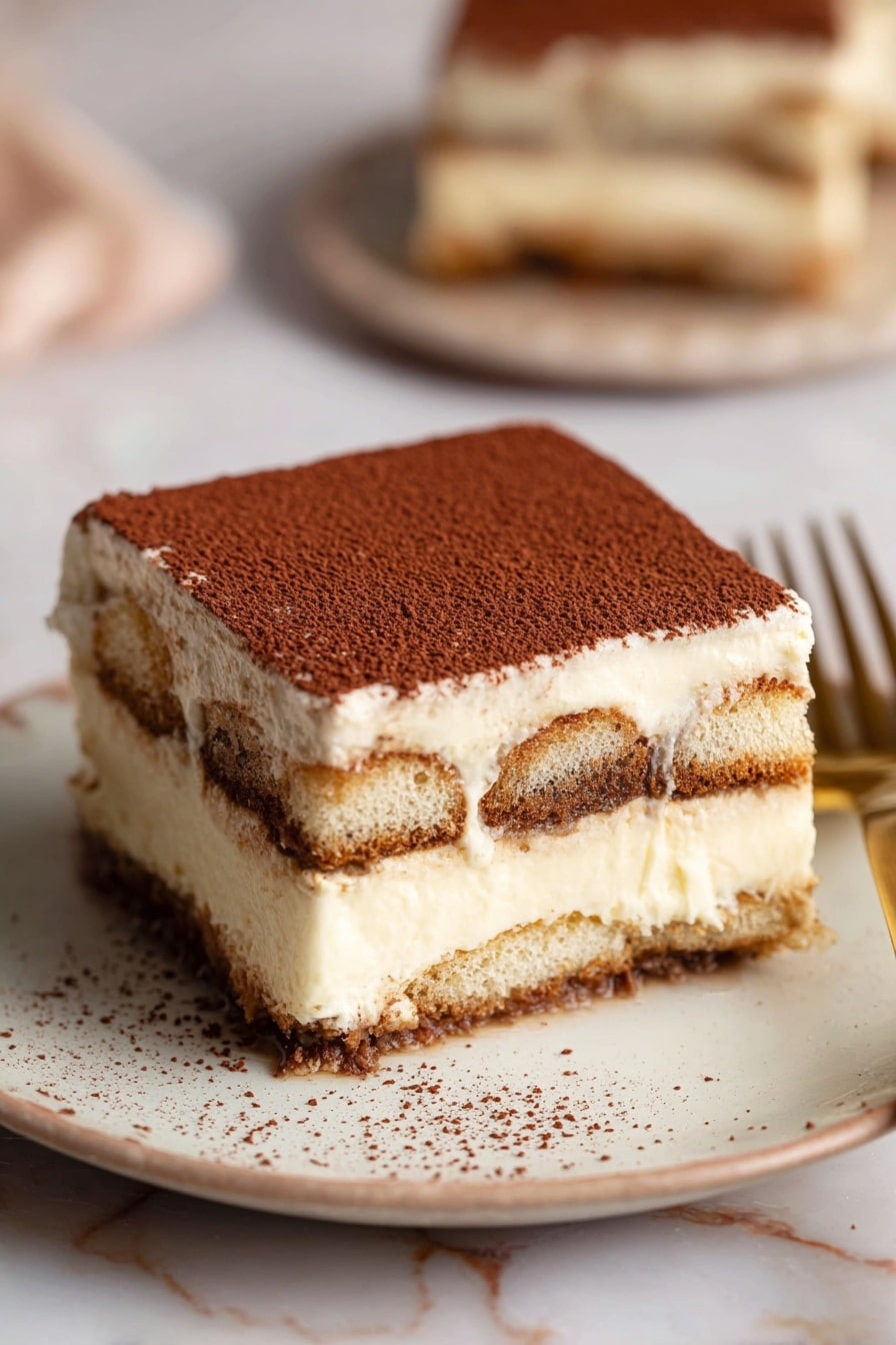 This image shows a square piece of tiramisu with four layers: the top layer is a thick dusting of dark brown cocoa powder, below it is a smooth, creamy light beige mascarpone layer, followed by a middle layer of soaked light brown coffee-soaked ladyfinger biscuits, then another creamy mascarpone layer, and a final layer of coffee-soaked ladyfingers at the bottom. The tiramisu slice is placed on an off-white plate with a slightly scalloped edge, set on a white marbled surface. A gold fork lies partially visible to the right of the plate. In the background, there is another blurry piece of tiramisu. Photo taken with an iphone --ar 2:3 --v 7 - Classic Italian Tiramisu, Italian Tiramisu, homemade Tiramisu, authentic Tiramisu recipe, easy Tiramisu dessert