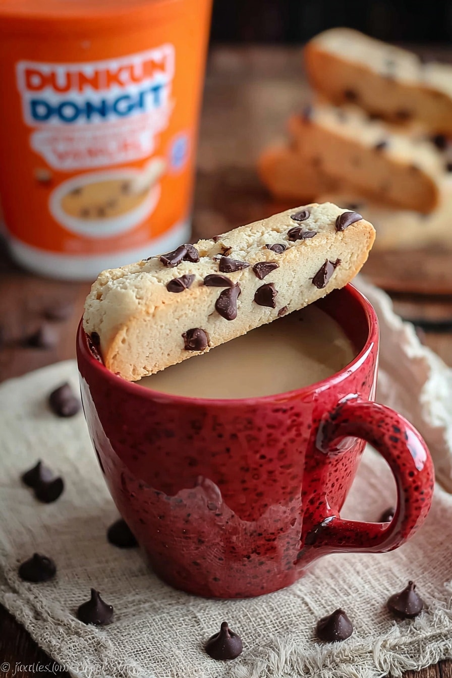 A white marbled textured surface features a red mug filled with light brown coffee, with two light beige biscotti with dark chocolate chips balanced on top. Scattered dark chocolate chips surround the mug on a textured beige cloth placed over a wooden table. In the background, there is a blurred bright orange Dunkin' Donuts French Vanilla creamer container, adding a pop of color to the warm, cozy scene. Photo taken with an iphone --ar 2:3 --v 7 - Chocolate Chip Biscotti, Biscotti recipe with chocolate chips, Homemade biscotti, Crunchy Italian cookies, Easy biscotti baking