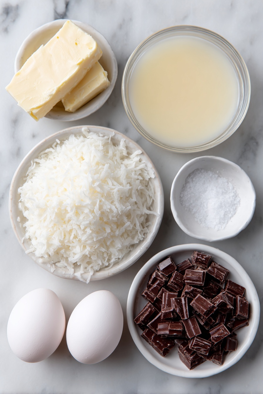 Flat lay of shredded unsweetened coconut heap, small white bowl of sweetened condensed milk, two large whole uncracked egg whites with clean shells, small white bowl of vanilla extract, pinch of coarse kosher salt crystals on a white ceramic dish, small white bowl filled with finely chopped dark chocolate pieces arranged symmetrically, all ingredients fresh and natural, arranged in perfect symmetry on simple white ceramic bowls and plates, placed on a clean white marble surface, soft natural light, photo taken with an iPhone, professional food photography style, fresh ingredients, white ceramic bowls, no bottles, no duplicates, no utensils, no packaging --ar 2:3 --v 7 --p m7354615311229779997 - German Coconut Macaroons, coconut macaroon recipe, tropical cookies, easy coconut cookies, kokosmakronen
