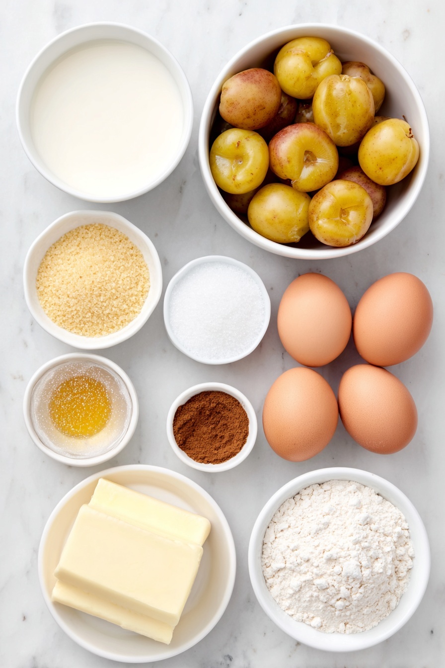 Flat lay of fresh Italian plums quartered with pits removed, a small white ceramic bowl of warm milk, a small pile of golden active dry yeast granules, a simple mound of all-purpose flour, a small white bowl filled with granulated sugar, a pinch of fine salt crystals, a stick of pale yellow butter, two whole clean eggs with smooth shells, a small white bowl containing golden pure vanilla extract, a small heap of ground cinnamon, all arranged with perfect symmetry on a clean white marble surface, soft natural light, photo taken with an iPhone, professional food photography style, fresh ingredients, white ceramic bowls, no bottles, no duplicates, no utensils, no packaging --ar 2:3 --v 7 --p m7354615311229779997 - German Plum Cake with Yeast Crust, Zwetschgenkuchen, Traditional German Plum Dessert, Yeast Crust Plum Cake, German Fruit Pastry