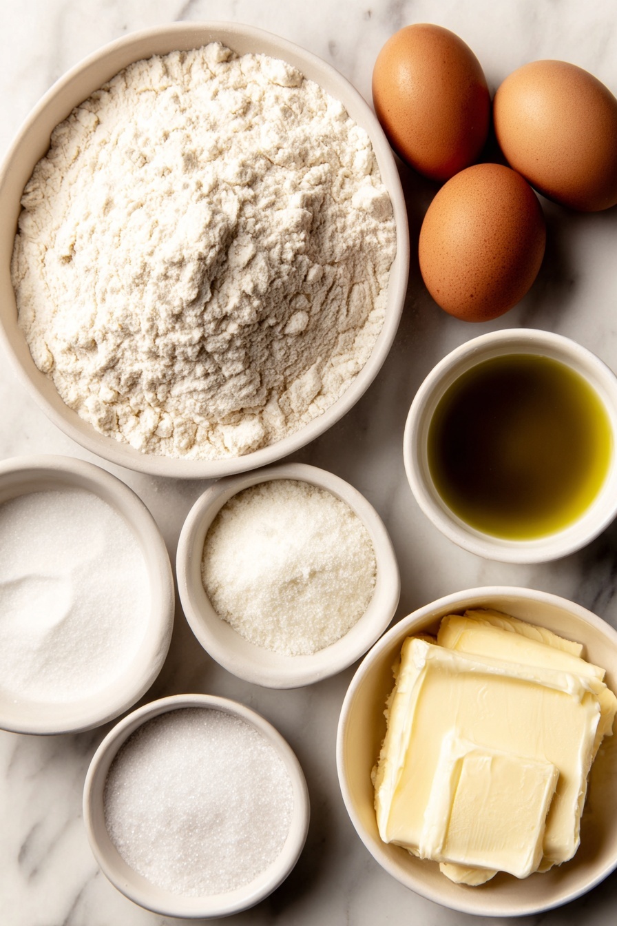 Flat lay of a small mound of fresh all-purpose flour, a heap of fine salt crystals, a pile of white granulated sugar, three whole brown eggs with clean shells, a small white bowl filled with warm water, a small white bowl containing golden olive oil, a small white bowl of baking soda powder, and a small white bowl with melted butter, all arranged symmetrically and naturally on a simple white ceramic plate, placed on a clean white marble surface, soft natural light, photo taken with an iPhone, professional food photography style, fresh ingredients, white ceramic bowls, no bottles, no duplicates, no utensils, no packaging --ar 2:3 --v 7 --p m7354615311229779997 - Super Easy Homemade Soft Pretzels, soft pretzels recipe, easy pretzel for beginners, homemade pretzels with buttery crust, quick pretzel dough