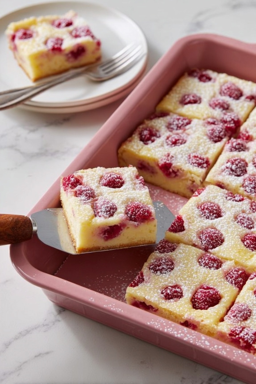 The image shows a square pink baking tray with a light yellow dessert that has red raspberries spread evenly on top. The dessert is cut into nine pieces, with one piece lifted by a metal spatula with a brown wooden handle. The dessert looks soft yet slightly firm, with a golden edge. In the background, a white plate with a slice of the same dessert sits on a white marbled surface next to a fork. The tray and plate rest on a white marbled table. Light dusting of powdered sugar is sprinkled over the dessert. Photo taken with an iphone --ar 2:3 --v 7 - Easy Raspberry Kuchen, raspberry kuchen dessert, quick raspberry cake, beginner-friendly raspberry pastry, simple raspberry tart