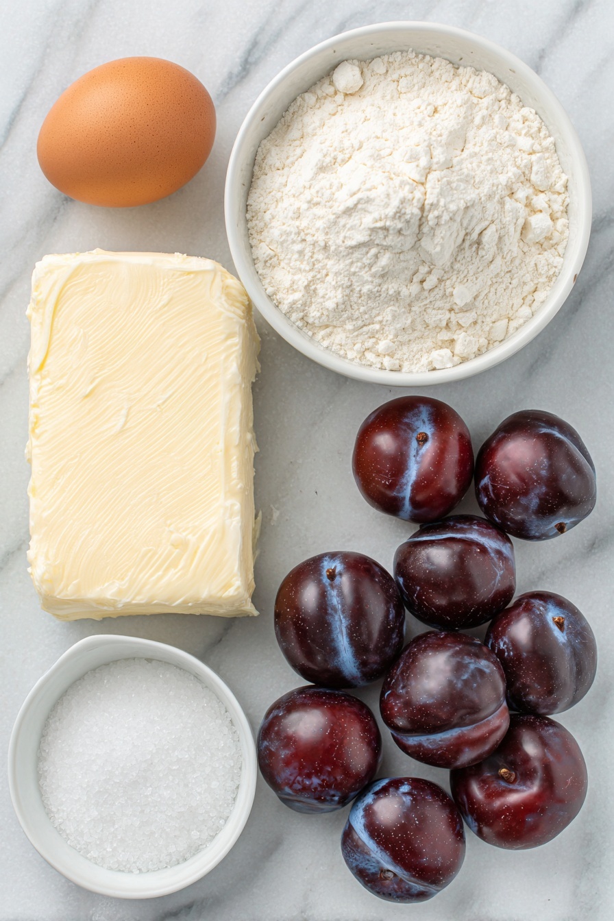 Flat lay of a small slab of unsalted butter with a creamy texture, a few tablespoons of granulated sugar scattered loosely beside it, a single whole large brown egg with a clean shell, a small white ceramic bowl filled with fine all-purpose flour, a small white bowl containing fine salt crystals, and a cluster of ripe, fresh plums showing deep purple and red hues, some whole and some halved to reveal juicy interiors, all arranged symmetrically in balanced proportions, placed on a clean white marble surface, soft natural light, photo taken with an iPhone, professional food photography style, fresh ingredients, white ceramic bowls, no bottles, no duplicates, no utensils, no packaging --ar 2:3 --v 7 --p m7354615311229779997 - German Plum Tart, German Plum Tart Recipe, Plum Tart Dessert, Easy German Fruit Tart, Autumn Plum Pastry