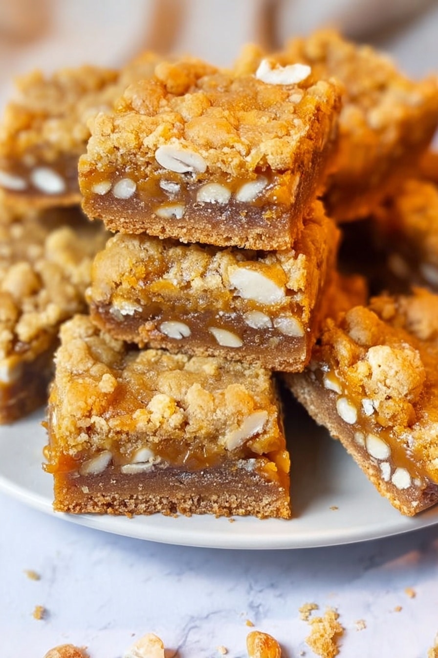The image shows several square dessert bars stacked on a white plate over a white marbled surface. Each bar has two visible layers: a golden-brown crumbly top layer with a slightly cracked texture, and a middle layer filled with white nuts embedded in a caramel-like, shiny orange-brown filling. The bars are thick and chewy, with some crumbs scattered around them. Soft warm light highlights the bars, adding a cozy feel. photo taken with an iphone --ar 2:3 --v 7 - Caramel Gingerbread Cookie Bars, gingerbread bar recipe, holiday cookie bars, caramel cookie bars, white chocolate gingerbread bars