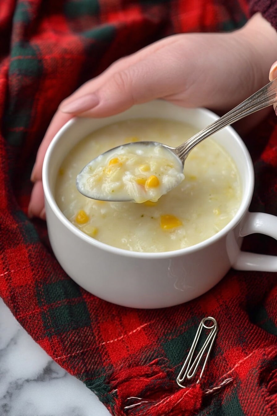A white bowl filled with creamy soup that has a thick, smooth texture with pieces of yellow corn scattered throughout. A silver spoon lifted from the bowl shows a close-up of the soup, highlighting its soft, slightly chunky consistency. A woman's hand gently holds the bowl on a red and dark green plaid cloth with fringes, and a silver safety pin lies on the cloth near the bowl. The background is a white marbled texture. photo taken with an iphone --ar 2:3 --v 7 - Scottish Cullen Skink Smoked Haddock Soup, smoked haddock soup, Cullen Skink recipe, Scottish seafood soup, smoky fish soup