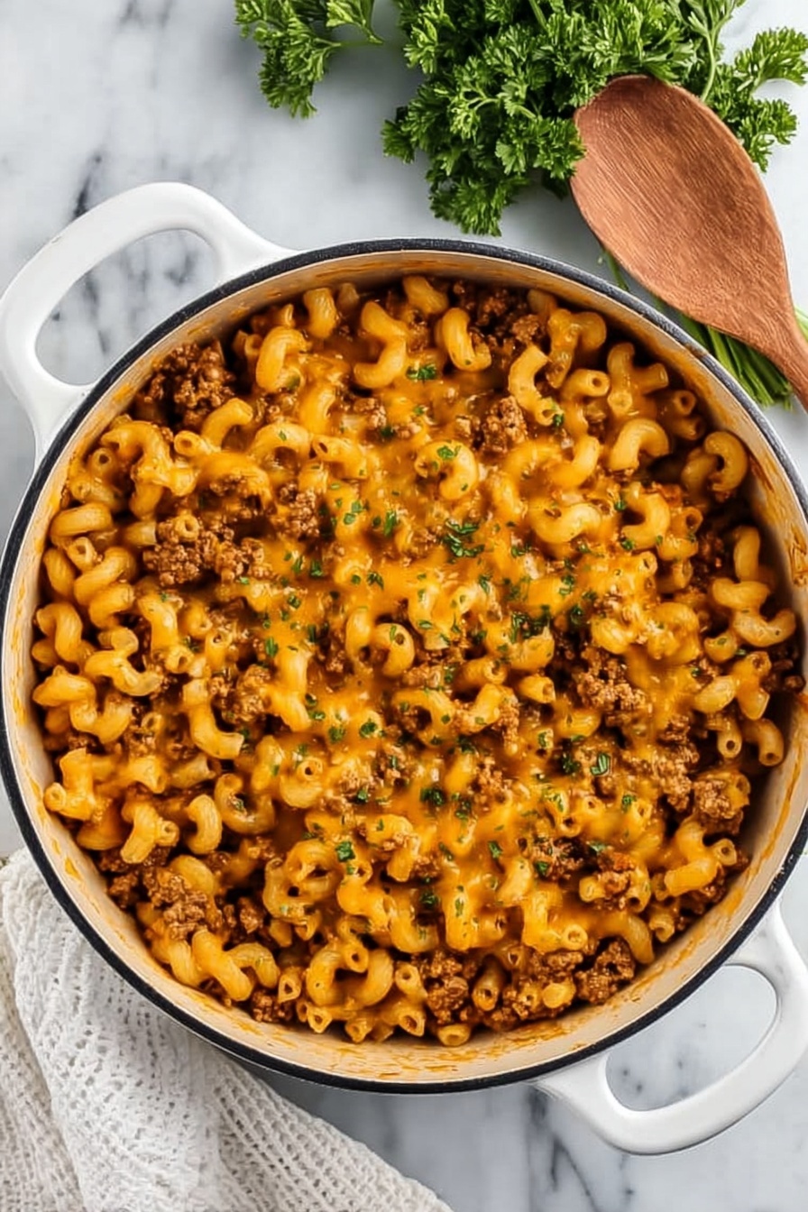 A round white pot filled with cooked curly elbow pasta mixed with brown ground meat and covered with melted orange cheese, garnished with small green herb bits scattered on top. The pot is placed on a white marbled surface, with a bundle of fresh green parsley and a wooden spoon lying on a white cloth nearby. Photo taken with an iphone --ar 2:3 --v 7 - One Pot Cheeseburger Pasta, cheeseburger pasta recipe, easy one pot pasta, quick cheeseburger dinner, comforting pasta dish