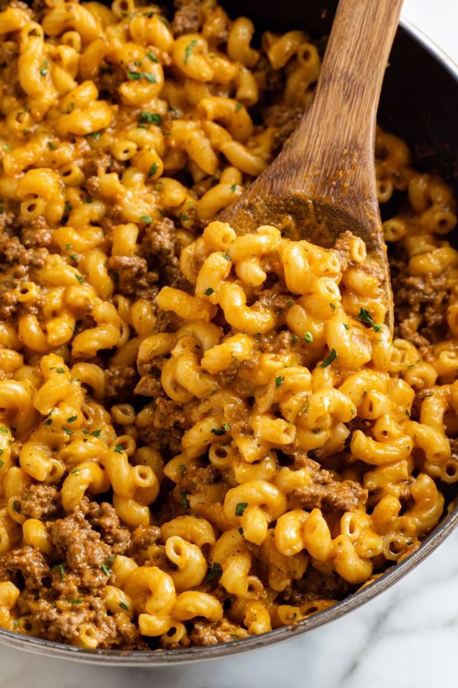 The image shows a close-up view of a pan filled with creamy macaroni and cheese mixed with ground beef. The macaroni is small, spiral-shaped, and covered in a rich, golden-orange cheese sauce. The ground beef is evenly spread throughout the macaroni, adding a textured brown layer underneath the cheese. Small green herb bits are sprinkled on top for color contrast. A wooden spoon is scooping a portion from the pan, lifted slightly above the food to highlight the thick, cheesy texture. The pan sits on a white marbled surface. photo taken with an iphone --ar 2:3 --v 7 - One Pot Cheeseburger Pasta, cheeseburger pasta recipe, easy one pot pasta, quick cheeseburger dinner, comforting pasta dish