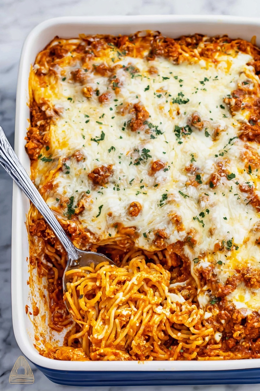 A white rectangular baking dish holds a layered casserole with three clear layers visible. The bottom layer is a mix of cooked spaghetti noodles coated in a reddish-orange sauce with ground meat scattered throughout. The middle layer is the same mix as the bottom, appearing a bit thicker and more saucy. The top layer is a thick, even coat of melted white cheese with hints of browned spots and small green herb sprinkles, likely parsley, spread across its surface. A silver spoon is scooping out a portion from the front left corner, revealing the layers inside. The dish sits on a white marbled surface. Photo taken with an iphone --ar 2:3 --v 7 - Creamy Parmesan Spaghetti Bake, Italian pasta bake with Alfredo sauce, cheesy baked spaghetti recipe, hearty pasta casserole, easy pasta bake dinner