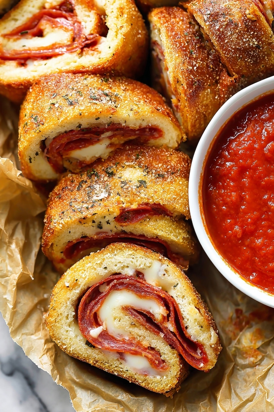 The image shows several golden brown rolls cut into thick slices arranged closely on a piece of crumpled parchment paper over a white marbled surface. Each slice has three visible layers: a crispy outer bread crust with a slightly coarse texture, a middle layer of melted white cheese, and an inner layer of thin red pepperoni slices. The rolls are sprinkled with finely ground herbs and parmesan cheese on the crust. On the right side, there is a small white bowl filled with smooth, bright red marinara sauce. The photo has a close-up focus, highlighting the textures and colors clearly, photo taken with an iphone --ar 2:3 --v 7 - Cheese and Pepperoni Pizza Rolls, pizza rolls recipe, easy pizza snacks, flavorful pizza roll bites, homemade pizza roll appetizers