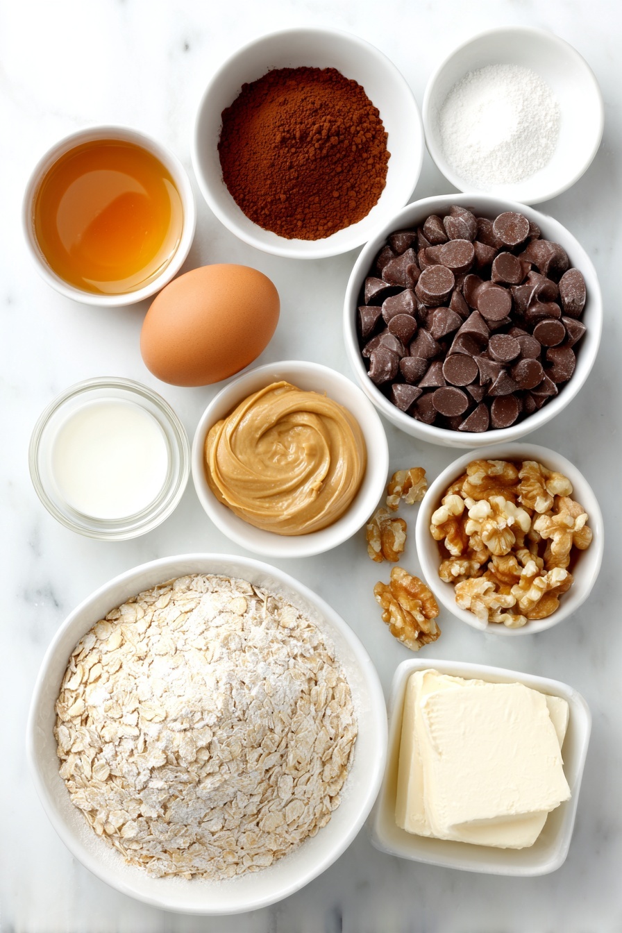 Flat lay of a small pile of rolled oats, a heap of rich dark cocoa powder, a small mound of fine baking powder, a tiny pinch of salt in a small white bowl, two whole uncracked brown eggs, a small white bowl filled with amber maple syrup, a small white bowl of melted coconut oil, a small white bowl of creamy almond milk, a small white bowl with clear vanilla extract, a white ceramic bowl heaped with glossy dark chocolate chips, a small dollop of smooth peanut butter, a swirl of airy whipped cream, and a few whole mixed nuts—all arranged in perfect symmetry, placed on a clean white marble surface, soft natural light, photo taken with an iPhone, professional food photography style, fresh ingredients, white ceramic bowls, no bottles, no duplicates, no utensils, no packaging --ar 2:3 --v 7 --p m7354615311229779997 - Chocolate Brownie Oatmeal Bake, healthy chocolate breakfast, easy oatmeal bake, indulgent breakfast recipes, wholesome dessert-style oatmeal