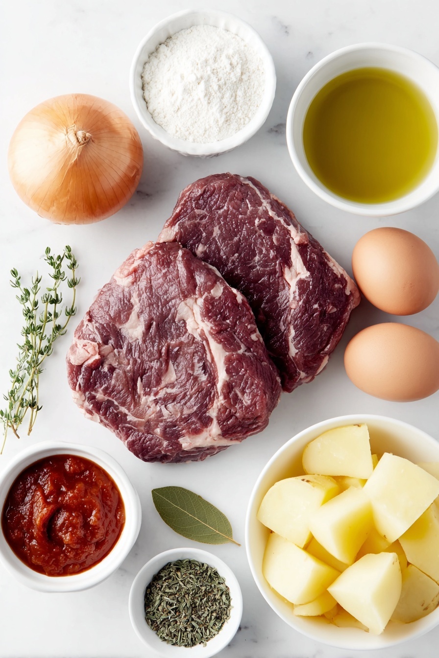 Flat lay of fresh 2-inch chunks of beef chuck roast, a small mound of gluten-free all-purpose flour, a few sprigs of fresh thyme leaves, two uncracked brown eggs, half a yellow onion sliced in half, four whole garlic cloves, one large fresh carrot cut into chunks, two diced Yukon Gold potatoes, a small white bowl of olive oil, a small white bowl of beef broth, a small white bowl with bright red tomato paste, one fresh bay leaf, a small white bowl containing coarse ground black pepper, and a small white bowl with kosher salt placed in perfect symmetry on a clean white marble surface, soft natural light, photo taken with an iPhone, professional food photography style, fresh ingredients, white ceramic bowls, no bottles, no duplicates, no utensils, no packaging --ar 2:3 --v 7 --p m7354615311229779997 - Homemade Beef Stew with Tender Beef and Vegetables, hearty beef stew recipe, comforting beef stew, slow cooker beef stew, easy beef and vegetable stew