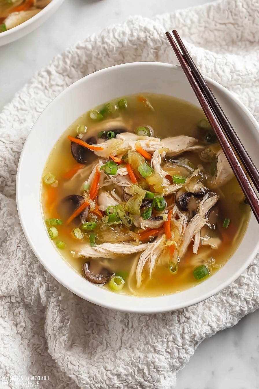 The image shows a white bowl filled with clear broth soup containing shredded light brown chicken pieces, thin orange carrot strips, slices of light green celery, and dark brown sliced mushrooms. The soup is topped with small bright green chopped scallions scattered on top. On the right edge of the bowl, a pair of dark wooden chopsticks rests. The bowl sits on a soft white cloth with a bumpy texture, placed on a white marbled surface. Photo taken with an iphone --ar 2:3 --v 7 - Creamy Chicken Miso Soup, chicken miso soup recipe, comforting miso soup with chicken, homemade miso chicken soup, easy chicken miso soup