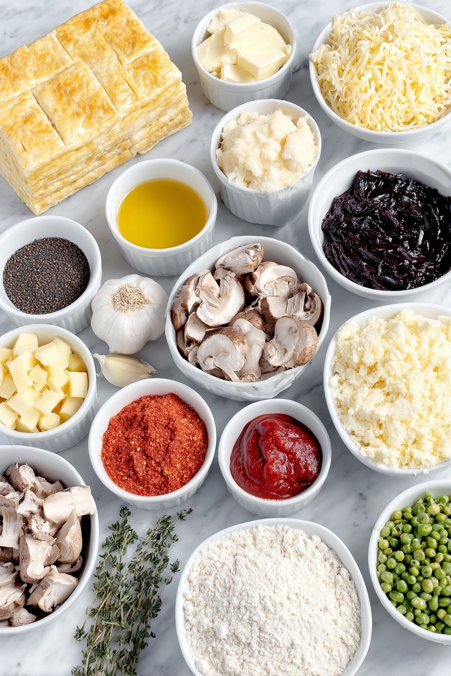 Flat lay of a fresh sheet of puff pastry, a small white ceramic bowl of golden olive oil, a whole yellow onion finely diced next to a heap of quartered cremini mushrooms and roughly chopped oyster mushrooms, a small mound of diced bright orange carrots, a small white bowl holding rich red tomato paste, a few peeled cloves of garlic, a few fresh thyme sprigs, a small pile of paprika powder, a small heap of black peppercorns, a small white bowl filled with deep red dry red wine, a few small diced gold potatoes, a small mound of all-purpose flour, a small bowl of soaked cashews, a white ceramic bowl filled with clear vegetable broth, a small white bowl with dark vegan Worcestershire sauce, a small white bowl with glossy low-sodium tamari, a small pile of bright green frozen peas, and a small white bowl of creamy non-dairy milk, all arranged symmetrically on a clean white marble surface, soft natural light, photo taken with an iPhone, professional food photography style, fresh ingredients, white ceramic bowls, no bottles, no duplicates, no utensils, no packaging --ar 2:3 --v 7 --p m7354615311229779997 - Vegan Mushroom Pot Pie, vegan savory pie, plant-based mushroom pie, dairy-free mushroom pot pie, vegan comfort food