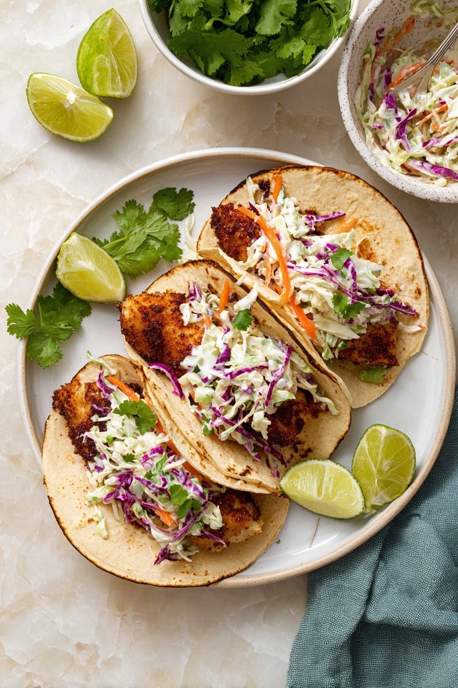 Three tacos sit on a white plate over a white marbled surface. Each taco has one soft tortilla as the base, filled with crispy dark brown spiced fish pieces. On top of the fish is a layer of creamy coleslaw made of shredded white and purple cabbage and thin orange carrot strips, giving a mix of creamy white, purple, and orange colors. Green cilantro leaves are scattered over the tacos and on the plate. Lime wedges are placed on the plate near the tacos, with additional lime wedges in a white bowl on the top left and fresh green cilantro leaves in a white bowl above the plate. There is a spoon in the bowl with remaining coleslaw at bottom right. Photo taken with an iphone --ar 2:3 --v 7 - Air Fryer Fish Tacos with Cilantro Lime Slaw, healthy fish tacos, quick fish taco recipe, crispy air fryer fish, easy seafood dinner