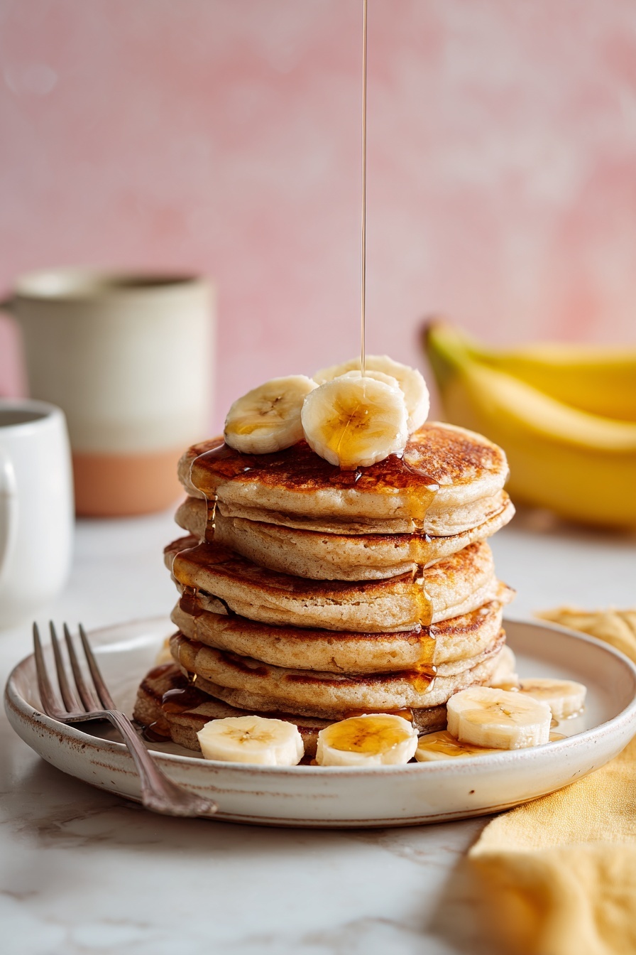 Five thick, golden-brown pancakes stacked on a white plate with syrup slowly dripping down the sides and pooling at the base. On top of the stack sit three round banana slices. Around the plate are a few more banana slices. A fork rests on the left edge of the plate. The plate is set on a soft yellow surface with out-of-focus background elements including a white cup and a beige bowl with more banana slices. The background has a smooth pink tone and the surface is a white marbled texture. photo taken with an iphone --ar 2:3 --v 7 - Healthy Blender Banana Oatmeal Pancakes, healthy pancake recipes, quick breakfast ideas, nutritious blender pancakes, gluten-free oat pancakes