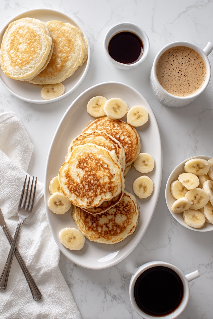 A white oval plate holds a stack of five golden-brown pancakes with a slightly crispy texture, each pancake showing uneven browning with darker and lighter spots. Around the pancakes on the plate are thin banana slices, soft yellow with light brown spots. To the left, there is a white round plate with three more pancakes and more banana slices arranged beside them. Above, there is a small white cup filled with dark syrup and a white mug with light brown coffee with creamy foam on top. Another white mug filled with a black coffee sits to the right. In the bottom, a small white bowl is full of banana slices. On the right, an empty white round plate has a fork resting on it. The table surface is a smooth white marbled texture. Two silver forks are placed near a white cloth napkin on the left side. photo taken with an iphone --ar 2:3 --v 7 - Healthy Blender Banana Oatmeal Pancakes, healthy pancake recipes, quick breakfast ideas, nutritious blender pancakes, gluten-free oat pancakes