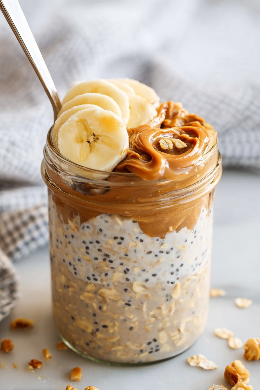 A clear glass jar with three visible layers stands on a white marbled surface. The bottom layer is a smooth, light tan oatmeal mixture dotted with tiny black chia seeds. Above it, the main body of the jar is filled with a creamy oatmeal texture mixed with more chia seeds, creating a speckled pattern. On top, three fresh, light yellow banana slices are placed on one side, while a swirl of rich, glossy caramel-colored peanut butter covers part of the oatmeal near the bananas. A white spoon is inserted into the jar from the right side. Scattered oats and small crunchy bits are visible beside the jar, and a blurred white and striped cloth is in the background. photo taken with an iphone --ar 2:3 --v 7 - Healthy Protein Overnight Oats, healthy breakfast ideas, high-protein oats, quick and easy breakfast recipes, nutritious overnight oats