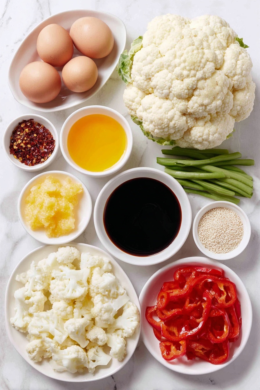 Flat lay of a whole head of fresh cauliflower broken into florets, three whole uncracked brown eggs, a small white ceramic bowl of bright orange freshly squeezed orange juice, a small white bowl of golden honey, a small white bowl of dark gluten-free soy sauce, a small white bowl with freshly grated pale yellow ginger, a small white bowl of white cornstarch powder, a small white bowl of red pepper flakes, one large fresh orange with bright orange zest, a small white bowl of toasted sesame oil, raw chicken breast pieces pale pink and unseasoned, half a white onion cut into chunks, three whole garlic cloves peeled, one large vibrant red bell pepper sliced into thin strips, fresh green beans trimmed and cut into 2-inch pieces, a small white bowl of raw cashews, some whole green onions with bright green tops, and a small white bowl of toasted sesame seeds placed on a clean white marble surface, soft natural light, photo taken with an iPhone, professional food photography style, fresh ingredients, white ceramic bowls, no bottles, no duplicates, no utensils, no packaging --ar 2:3 --v 7 --p m7354615311229779997 - Healthy Orange Chicken Stir Fry with Cauliflower Rice, orange chicken stir fry healthy, low carb cauliflower rice recipes, healthy chicken stir fry, citrus chicken dinner