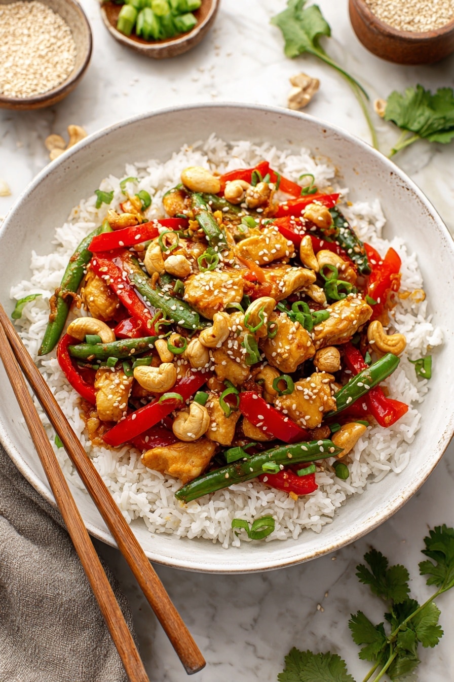 The dish is served in a white bowl filled with three main layers. The bottom layer is white rice with a soft texture, covering the entire base. On top of the rice is a thick layer of cooked chicken pieces that are golden brown, mixed with bright red bell pepper strips, fresh green beans, and light brown cashew nuts. The top layer is sprinkled with small white sesame seeds and chopped green onions. Light wooden chopsticks rest on the side of the bowl. The scene is set on a white marbled surface with small bowls of sesame seeds and chopped green onions partially visible, and a few green cilantro leaves scattered nearby. photo taken with an iphone --ar 2:3 --v 7 - Healthy Orange Chicken Stir Fry with Cauliflower Rice, orange chicken stir fry healthy, low carb cauliflower rice recipes, healthy chicken stir fry, citrus chicken dinner