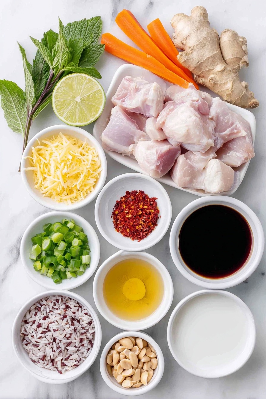 Flat lay of a small white ceramic bowl of toasted sesame oil, fresh green onions sliced into rounds, two medium orange carrots sliced on an angle, a small white bowl of freshly grated ginger root, a small white bowl of freshly grated turmeric root, six unpeeled garlic cloves whole and clean, a simple white ceramic bowl filled with clear chicken broth, a small white bowl of creamy light coconut milk, a small white bowl of dark low sodium soy sauce, a small white bowl of vibrant red chili paste, raw boneless skinless chicken thighs neatly arranged whole, a small mound of uncooked jasmine brown rice grains, a whole fresh lime cut in half showing juicy segments, a small white bowl of fresh diced green scallions, a small white bowl of roughly chopped fresh cilantro leaves, a small white bowl of torn fresh mint leaves, a small white bowl of torn fresh basil leaves, a small white bowl filled with chopped roasted peanuts—all ingredients fresh and natural, arranged symmetrically and balanced on a clean white marble surface, soft natural light, photo taken with an iPhone, professional food photography style, fresh ingredients, white ceramic bowls, no bottles, no duplicates, no utensils, no packaging --ar 2:3 --v 7 --p m7354615311229779997 - Healing Ginger Coconut Chicken Soup, nourishing chicken soup with ginger and coconut, healthy chicken soup recipe with turmeric, comforting one-pot chicken soup, hearty rice and chicken soup